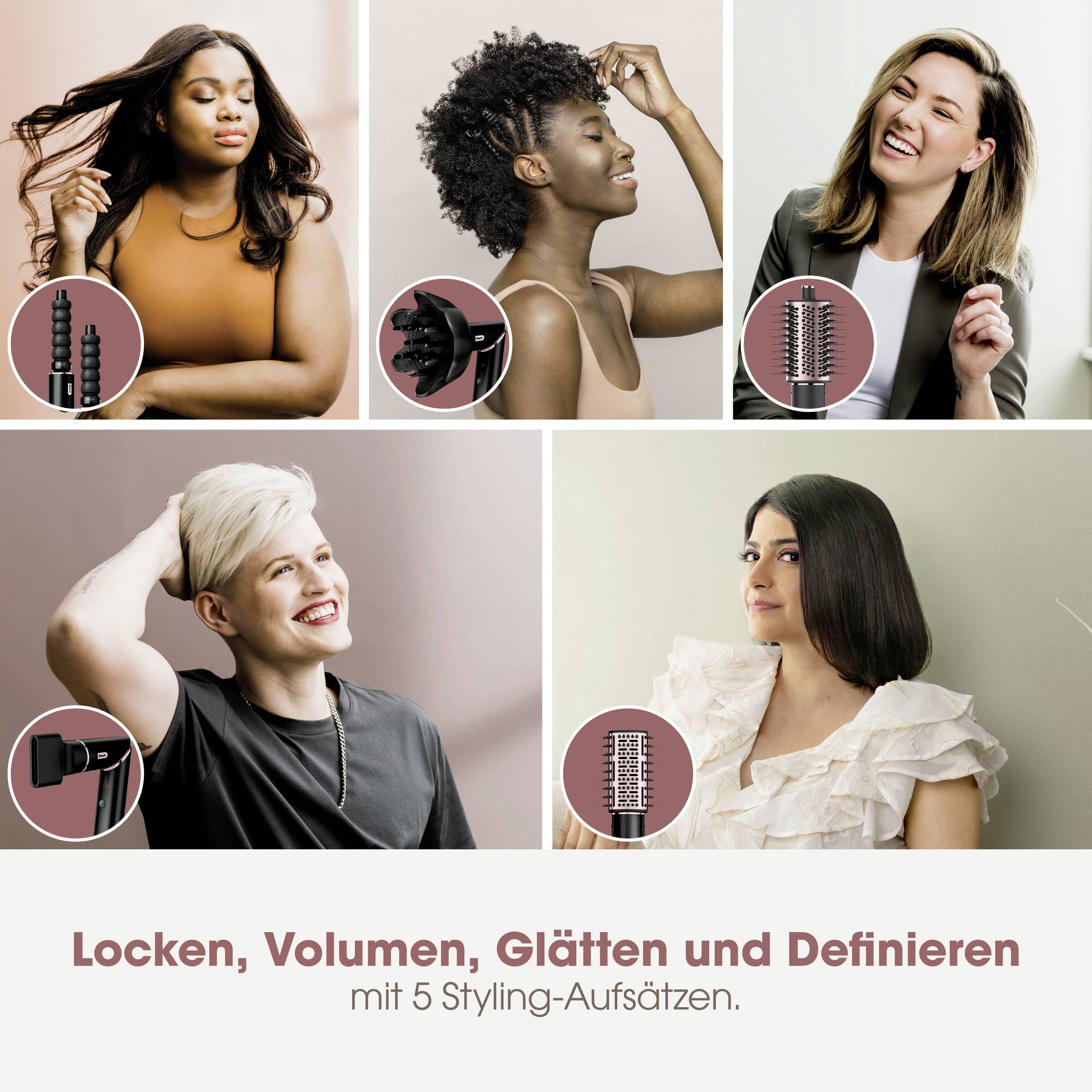 Werbung für ein Stylinggerät mit 5 Aufsätzen: Locken, Volumen, Glätten, Definieren. Abgebildet sind verschiedene Frauen mit gestylten Haaren.