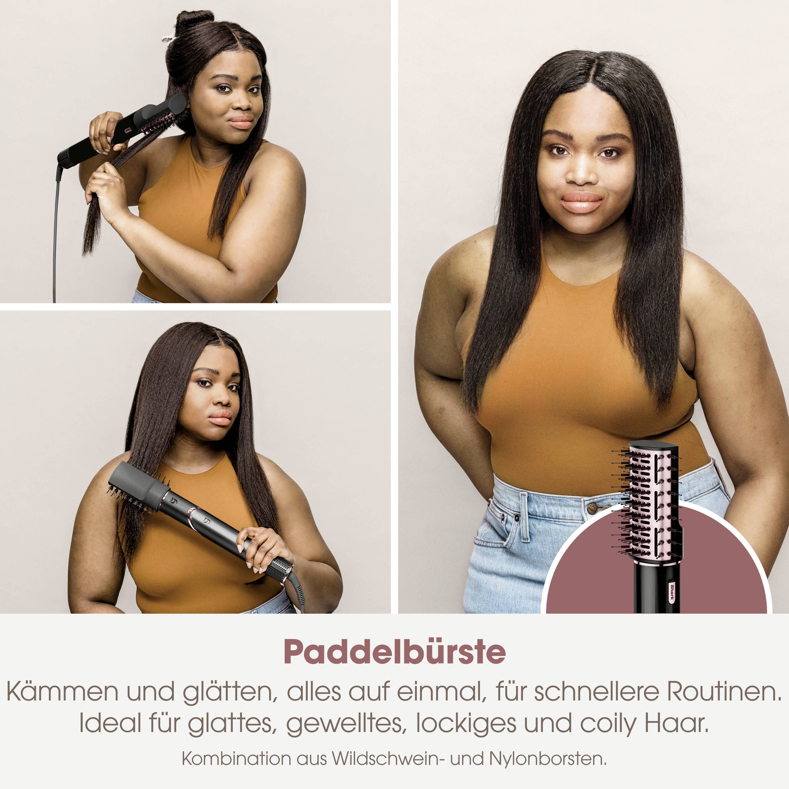 Frau benutzt eine Paddelbürste zum Kämmen und Glätten ihres Haares. Text beschreibt die Bürste als ideal für schnelles Glätten.