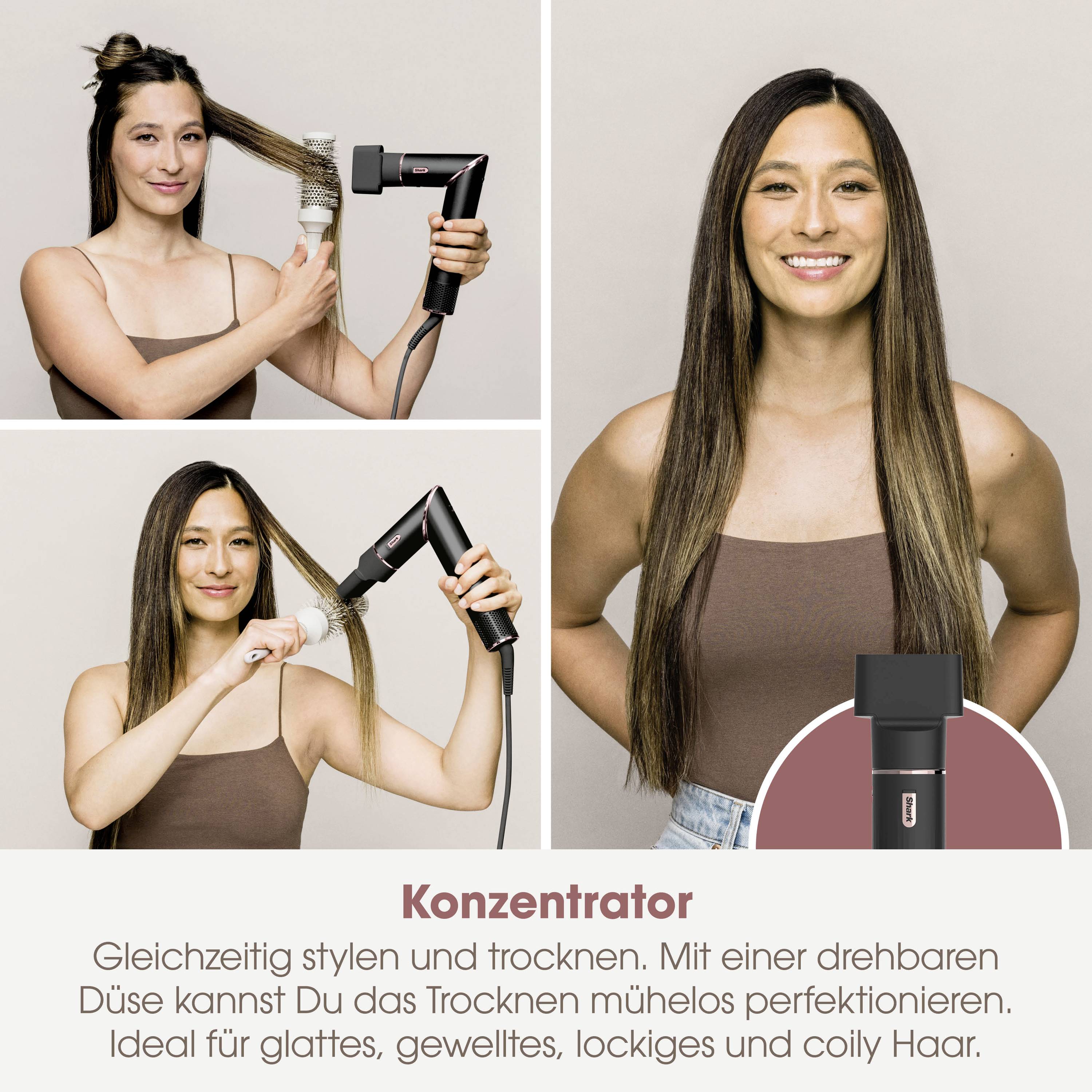 Drei Bilder einer Frau, die einen Haartrockner benutzt. Sie stylt und trocknet ihr Haar, um glattes und glänzendes Haar zu erzielen.