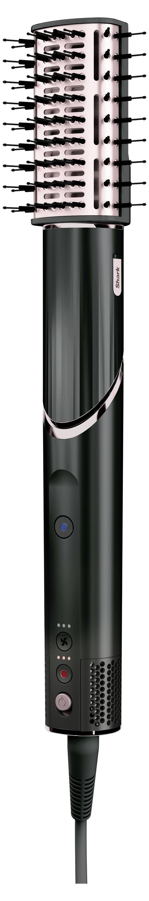 Elektrische Föhnbürste mit zylindrischem Bürstenkopf und schwarzem Griff. Geeignet zum Stylen und Glätten der Haare.