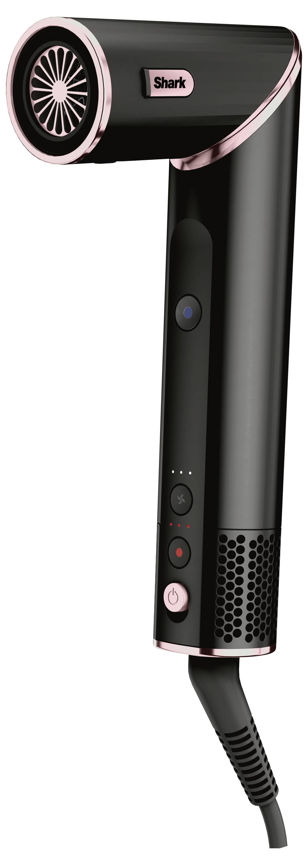 Schwarzer Haartrockner mit rosé Akzenten, vertikales Design, mehrere Knöpfe an der Vorderseite, Kabel unten angeschlossen.