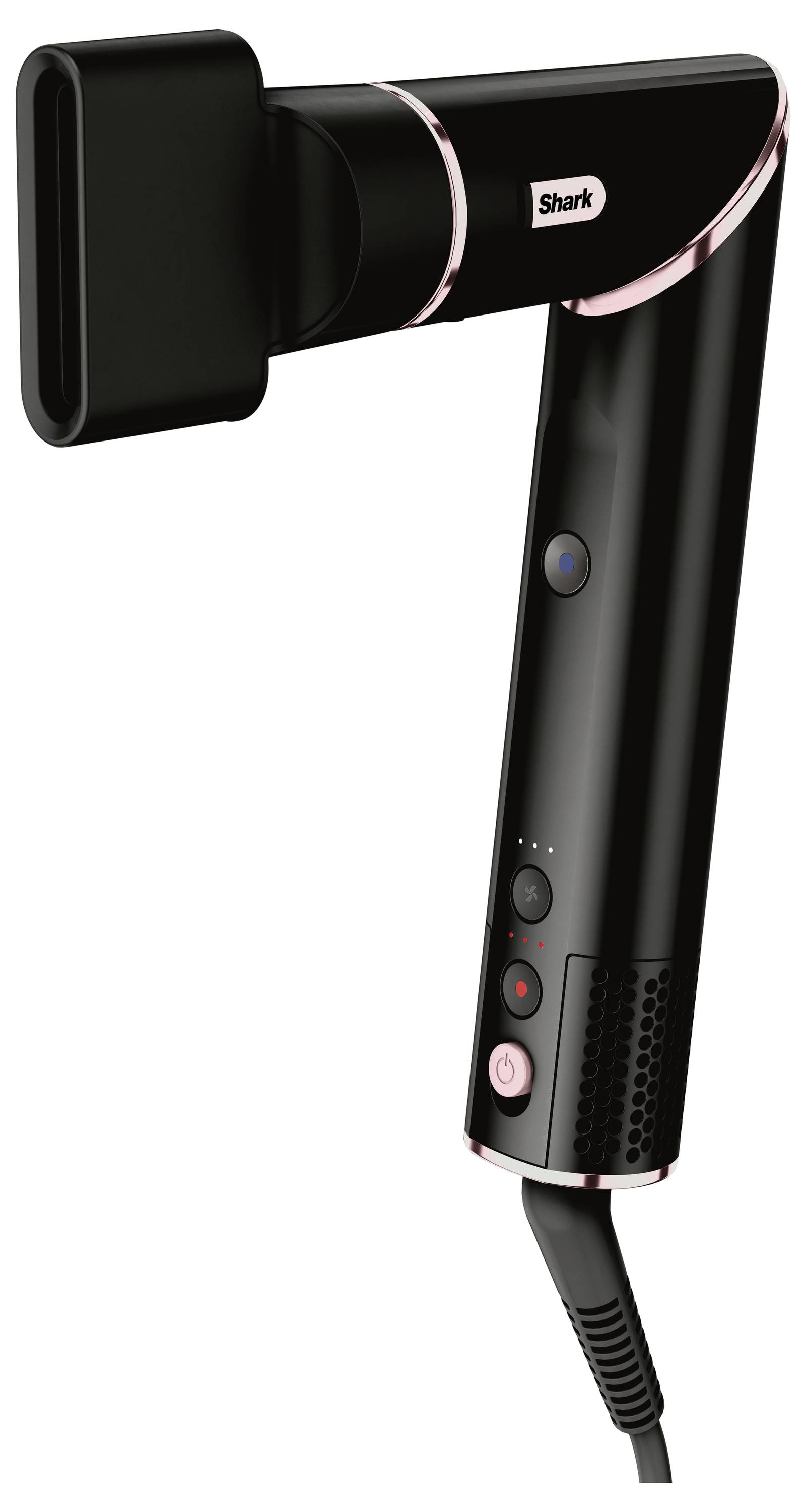 Schwarzer Haartrockner in L-Form mit rosa Akzenten, markiert mit 'Shark', zeigt Bedienelemente an der Seite und ein Kabel unten.
