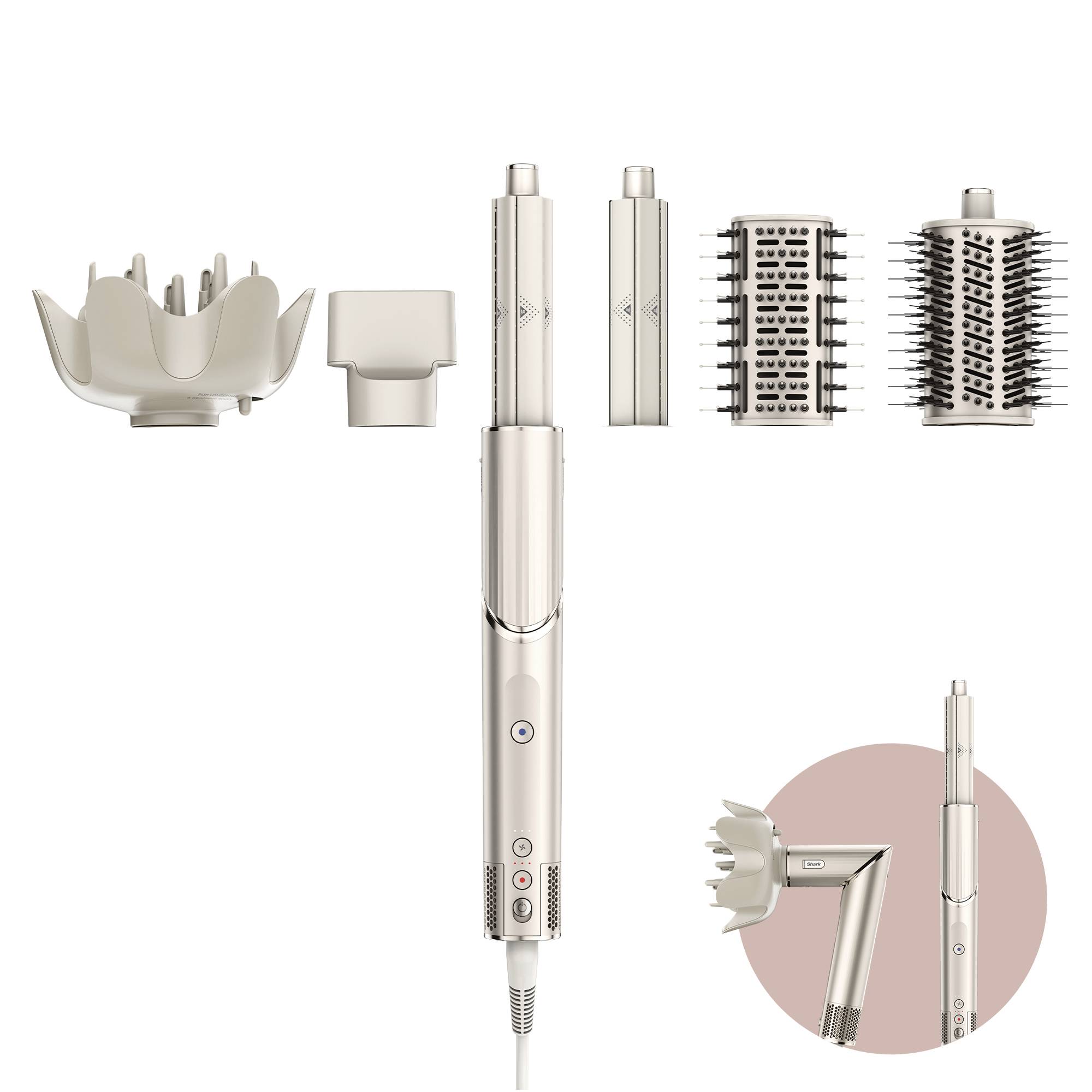 Multifunktionaler Haarstyler mit verschiedenen Aufsätzen für Locken, Volumen und Glätten. Enthalten sind Diffuser, Bürsten und Föhnaufsätze.