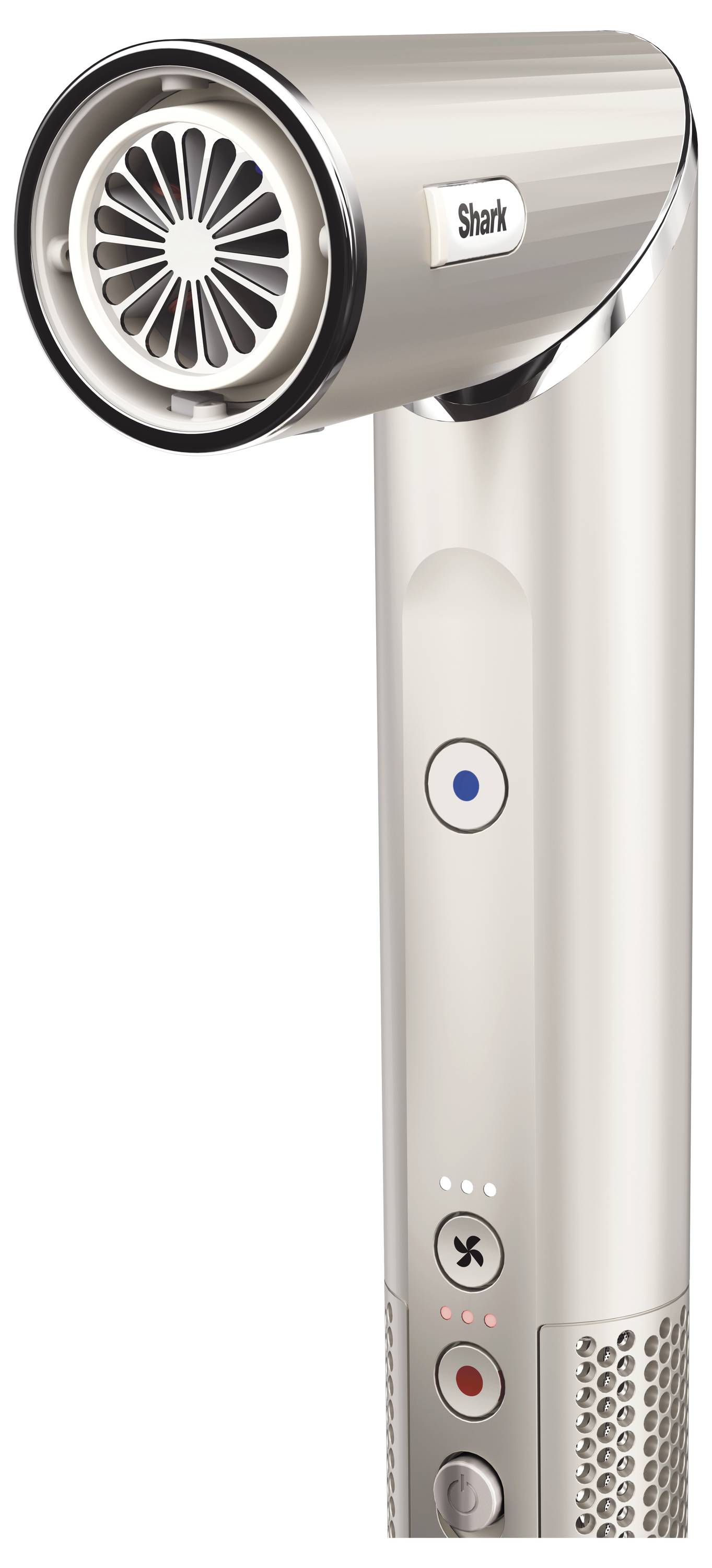 Ein moderner, silberner Haartrockner mit verschiedenen Tasten zur Steuerung, darunter Temperatur- und Gebläseeinstellungen.