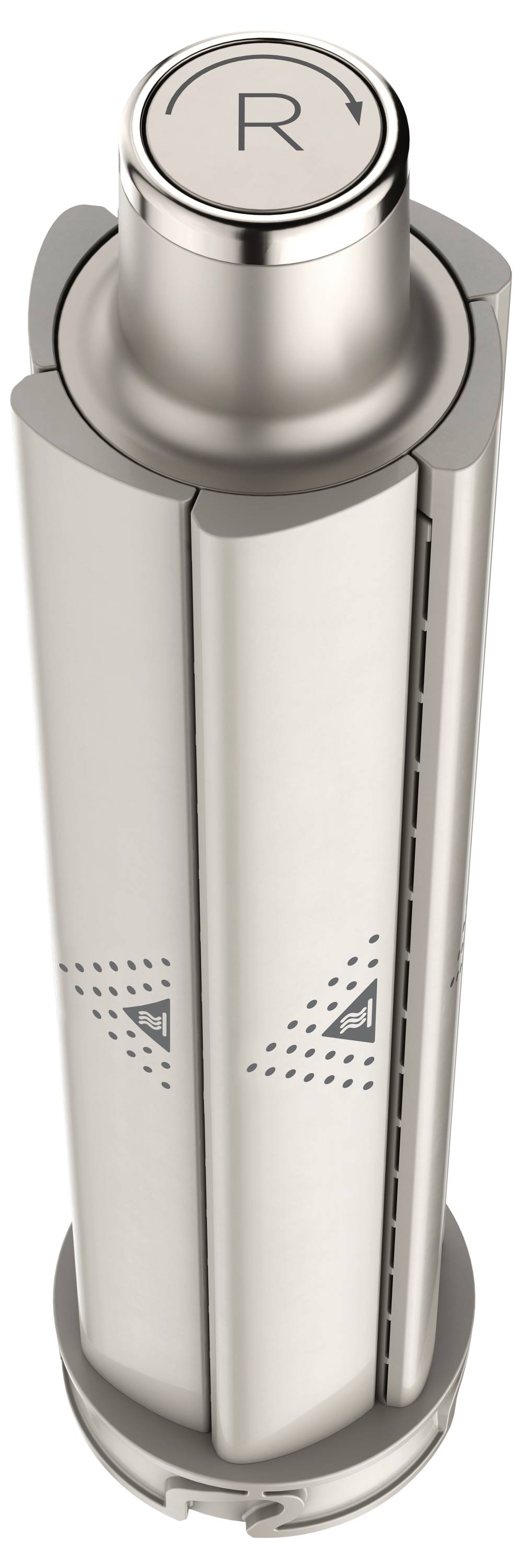 Ein silberner zylindrischer Behälter mit einem drehbaren oberen Teil, das mit einem Pfeil beschriftet ist, der auf 'R' zeigt.