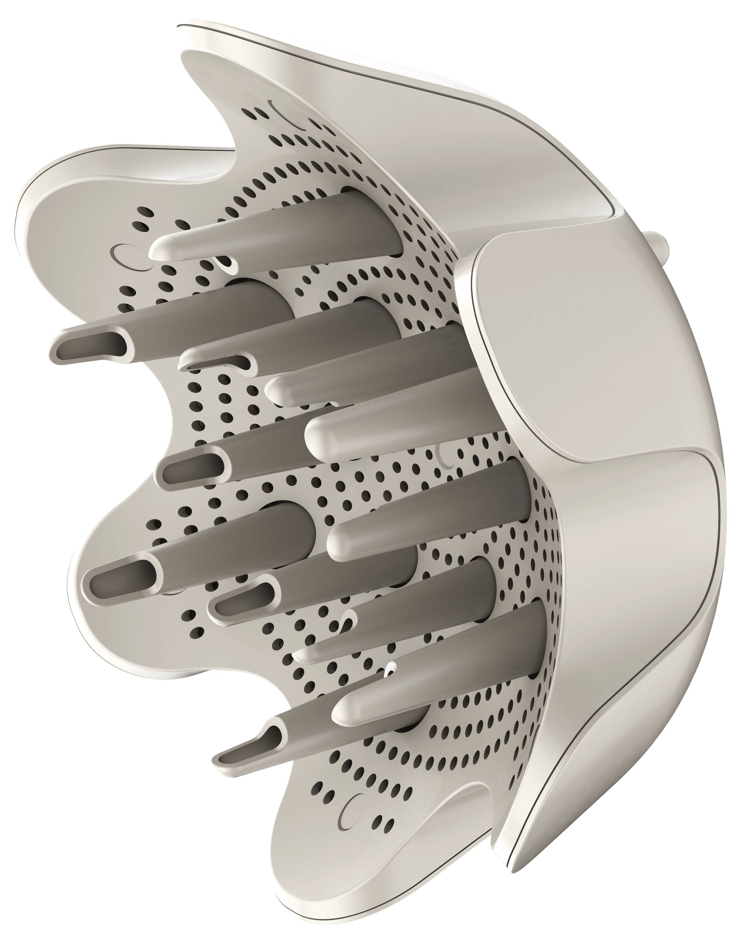 Ein haubenförmiger Diffusoraufsatz mit mehreren Röhren zum sanften Trocknen von Haaren, passend für einen Haartrockner.