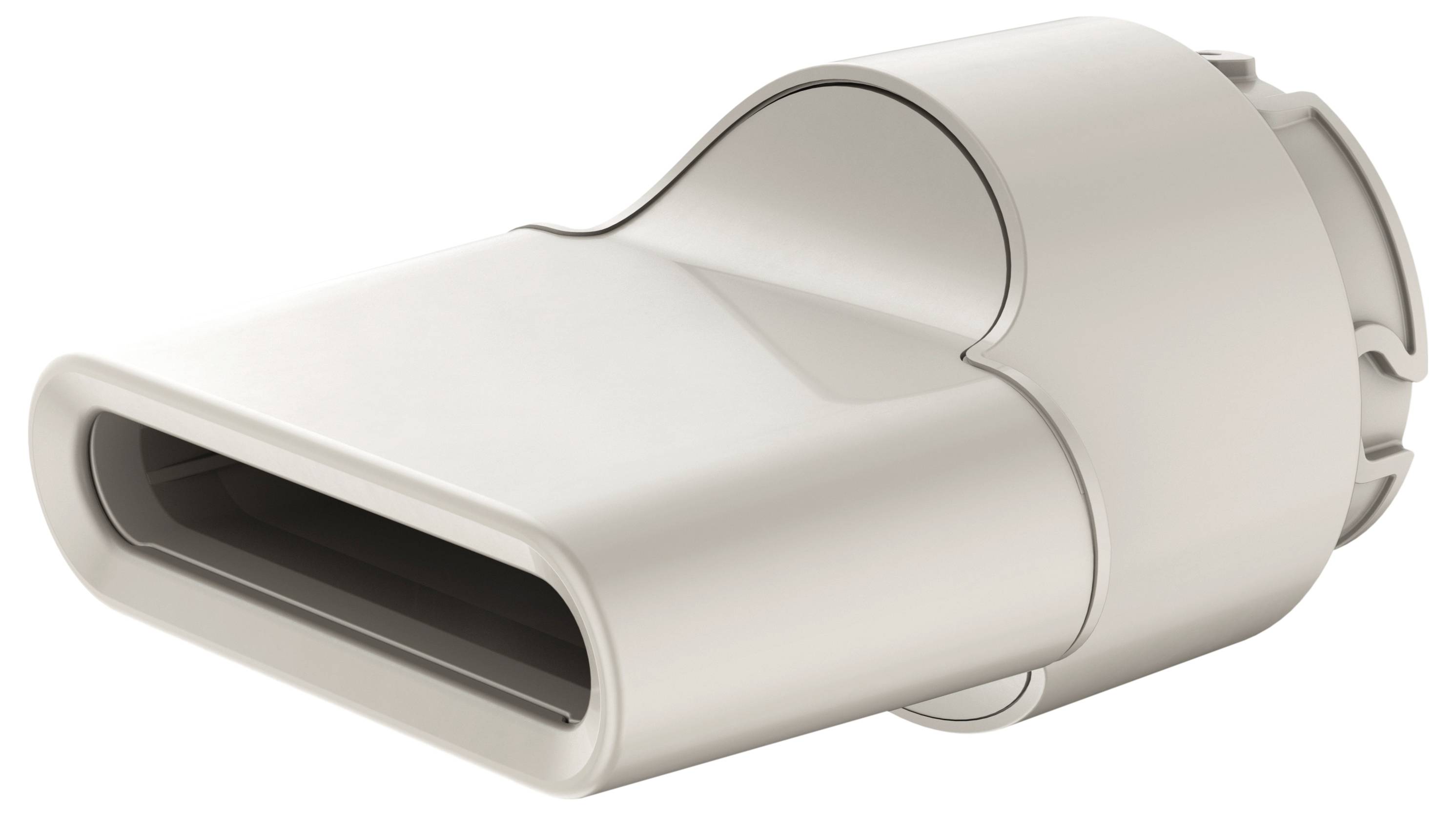 Ein weißer, rechteckiger USB-Stecker mit abgerundeten Ecken, seitlich betrachtet. Geeignet für den Anschluss an elektronische Geräte.