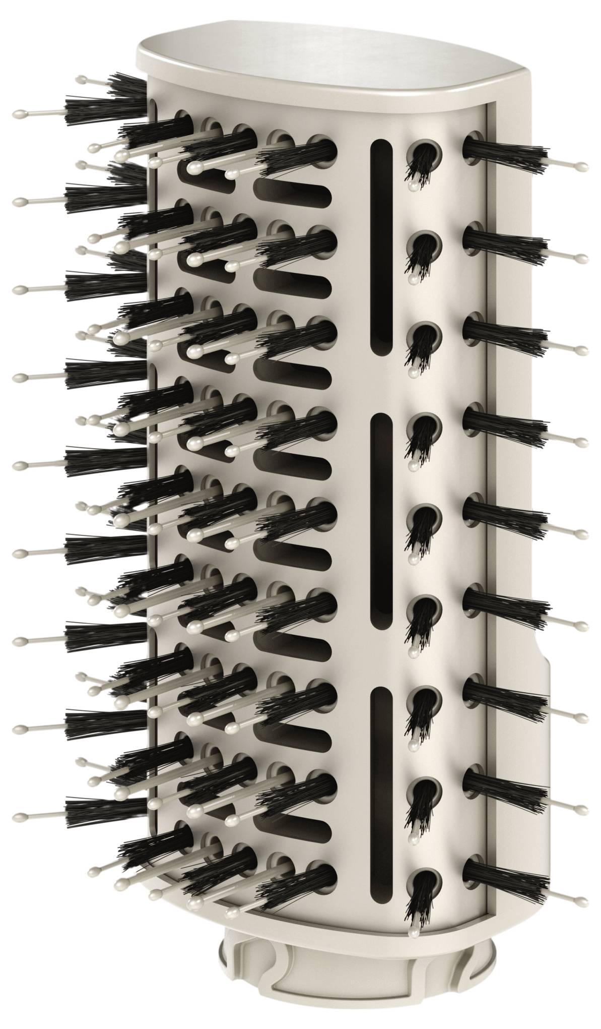 Ein runder Haaraufsatz mit mehreren kleinen Borsten in konzentrischen Reihen, verwendet für das Styling oder Kämmen von Haaren.