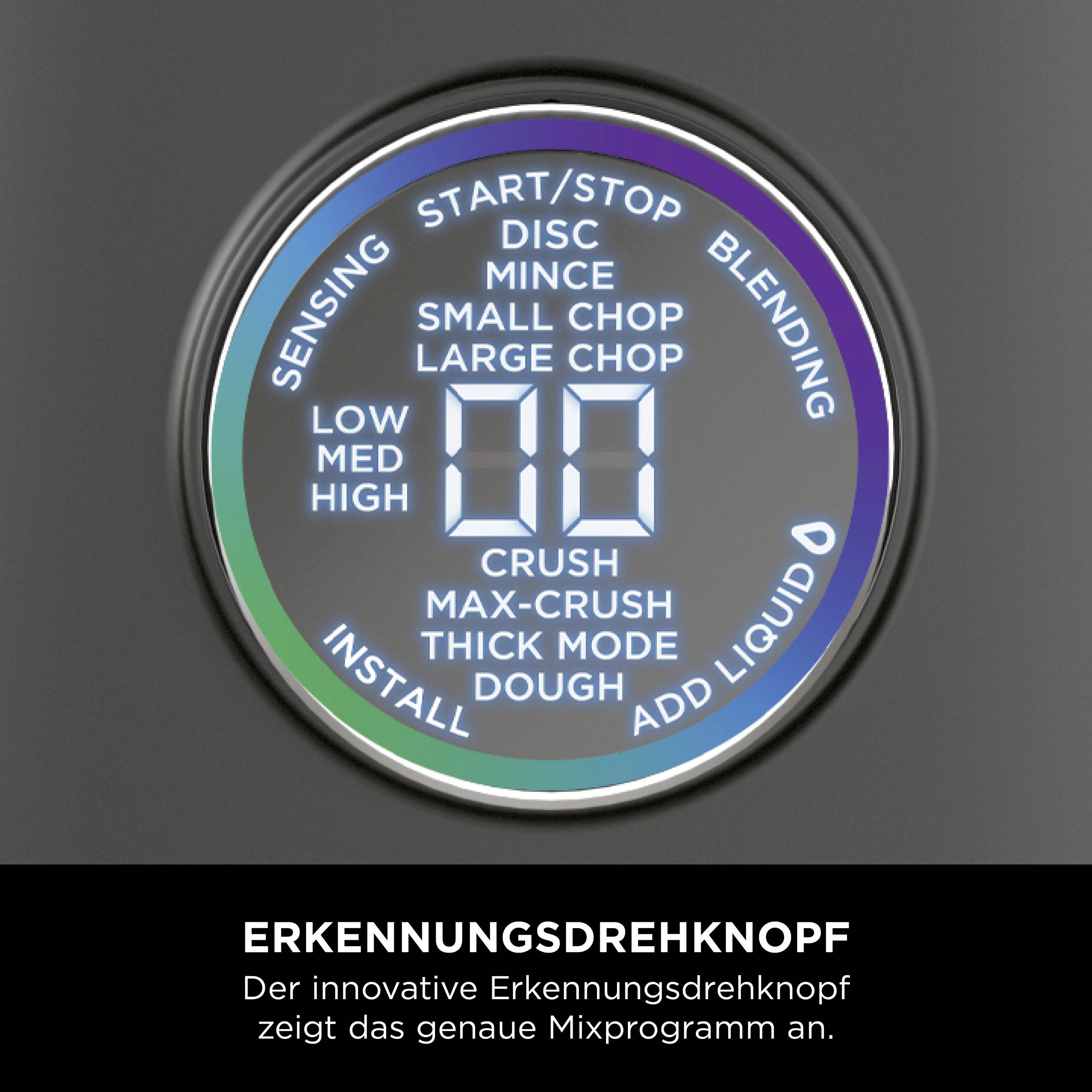 Erkennungsdrehknopf zeigt das gewählte Mixprogramm an, einschließlich Optionen wie zerkleinern, mischen und kneten.
