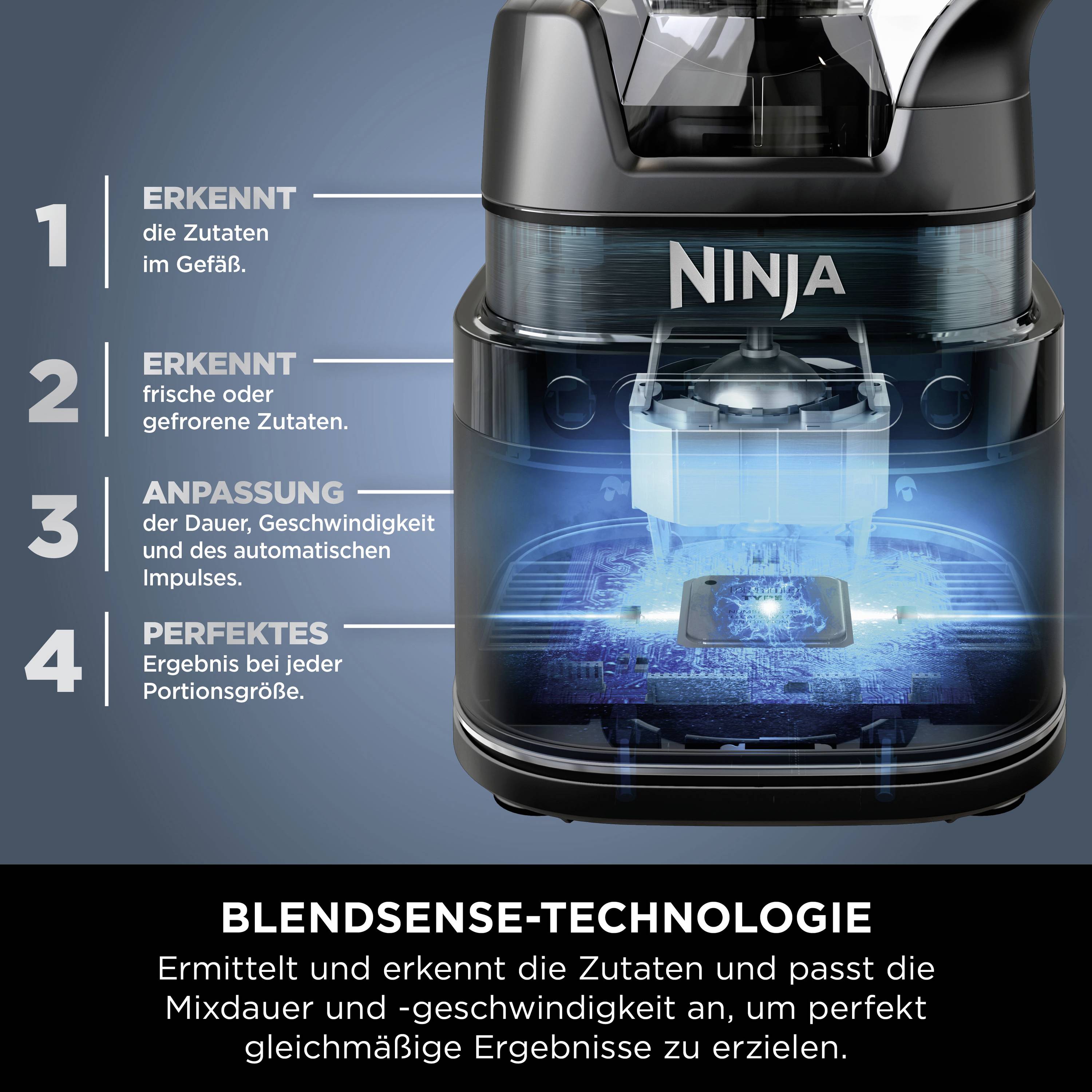 'Ninja'-Standmixer mit BlendSense-Technologie, erkennt Zutaten, passt Mixdauer und Geschwindigkeit für optimale Ergebnisse an.
