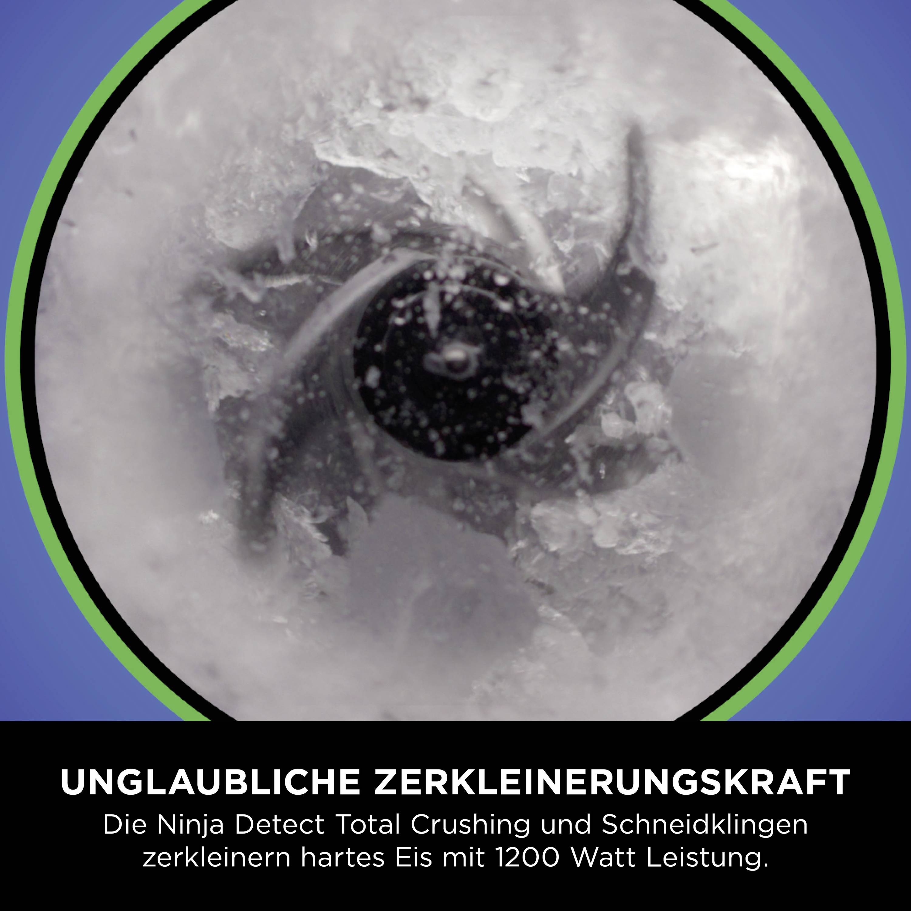 Ein Mixer zerkleinert Eis mit hoher Geschwindigkeit. Text darunter: 'Unglaubliche Zerkleinerungskraft'.