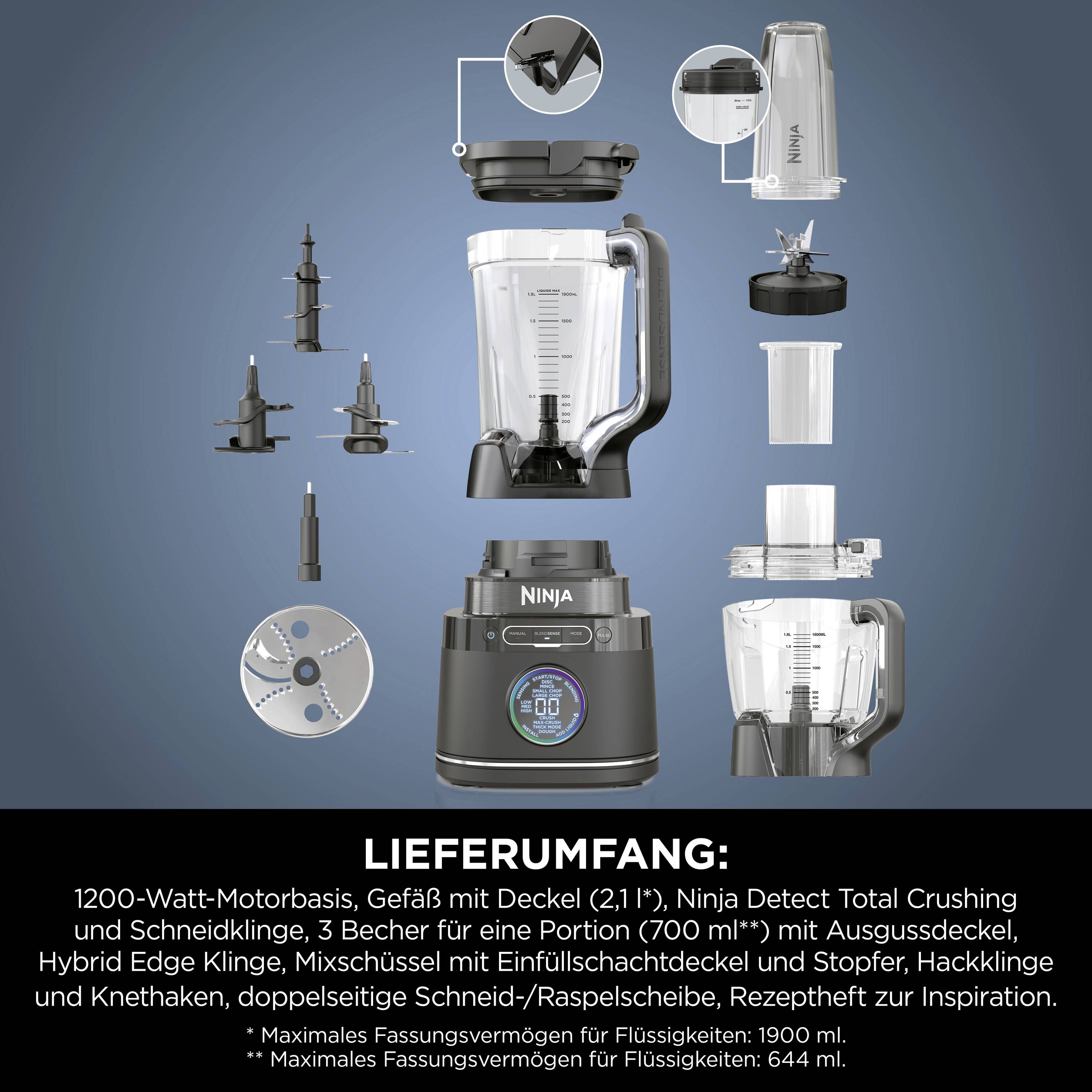 Abbildung eines Küchenmixers mit Zubehör: Ninja-Motorbasis, Krug, drei Becher, Klingen und Rezeptheft. Für Mixen und Zerkleinern geeignet.