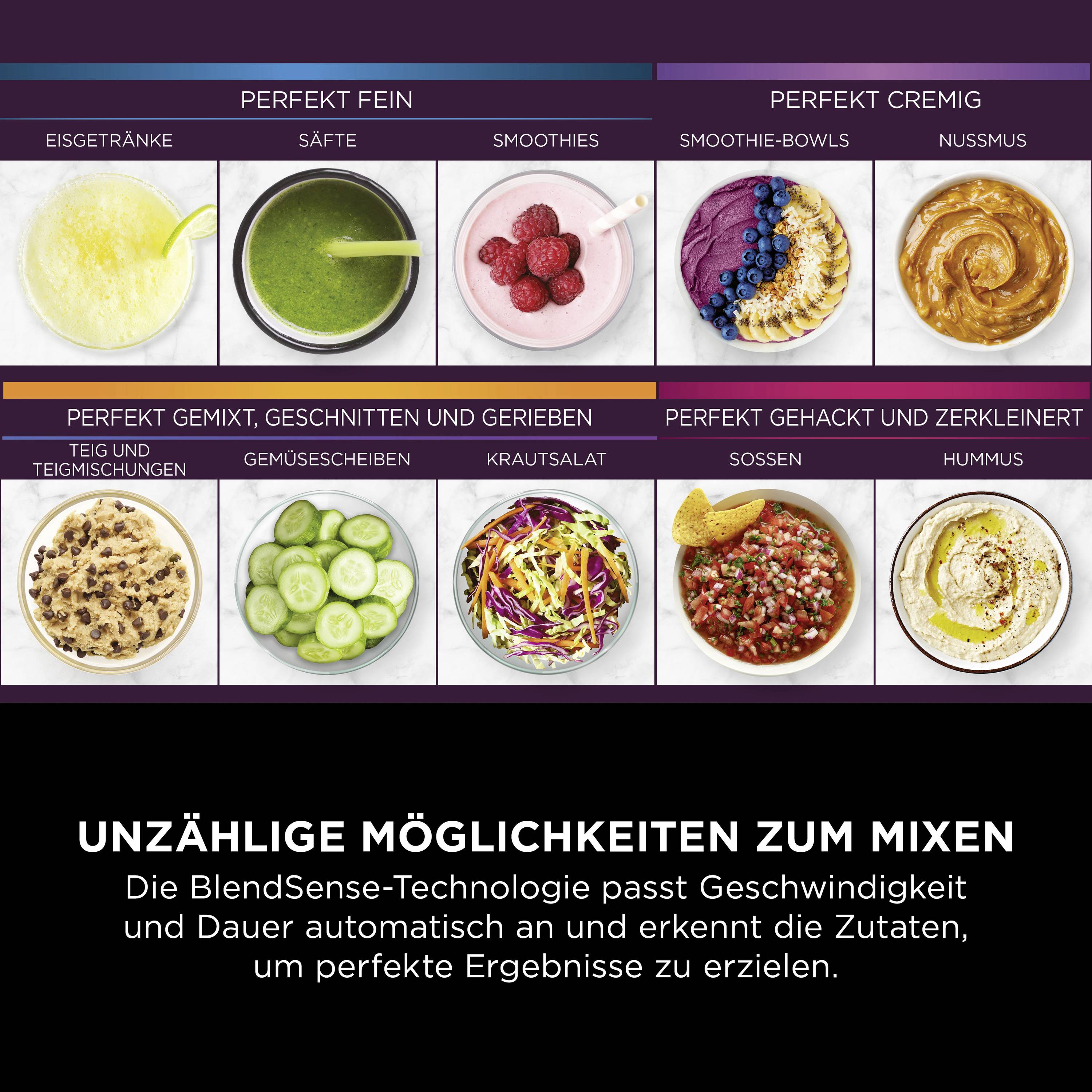 Die Grafik zeigt verschiedene Getränke und Speisen, die mit einem Mixer zubereitet werden können, z. B. Smoothies, Suppen, Säfte und Hummus.