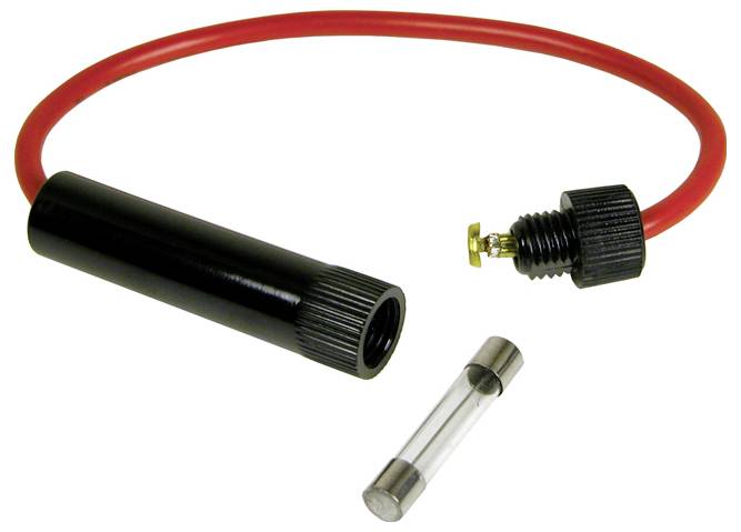 Ein Spannungsprüfer mit rotem Kabel, schwarzem Gehäuse und herausnehmbarem Sicherungselement davor. Geeignet zur Spannungsmessung.