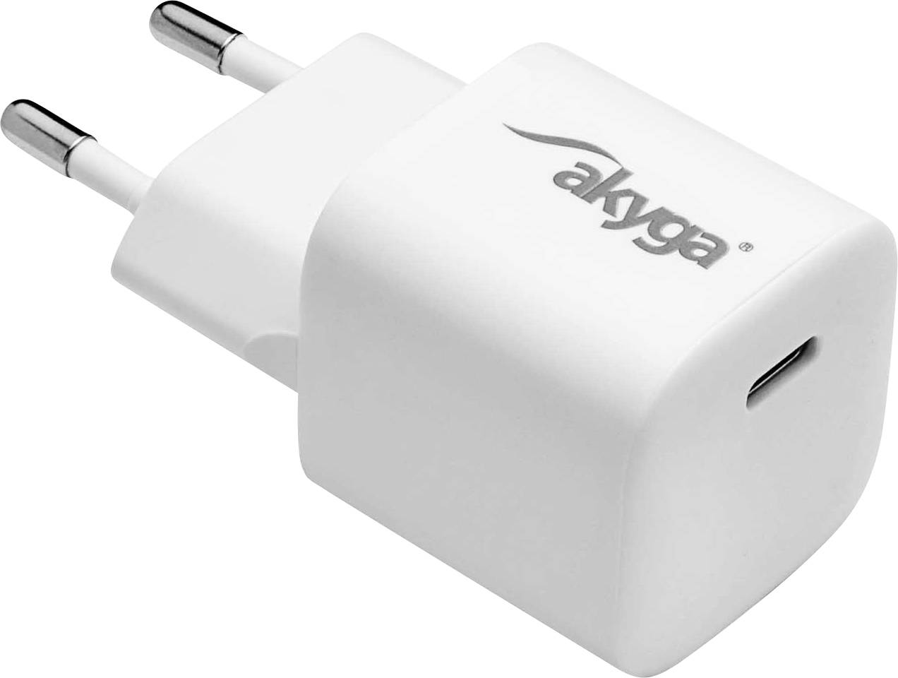 Weißes USB-Ladegerät von Akyga mit zwei Eurosteckern, geeignet zum Aufladen von Geräten über einen USB-Anschluss.