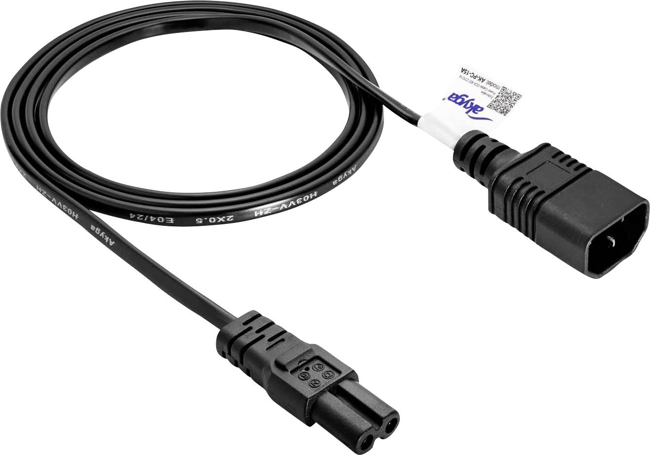 Stromkabel mit IEC-Stecker und Buchse, geeignet für die Verbindung von Geräten mit einem Stromverteiler oder einer Steckdose.