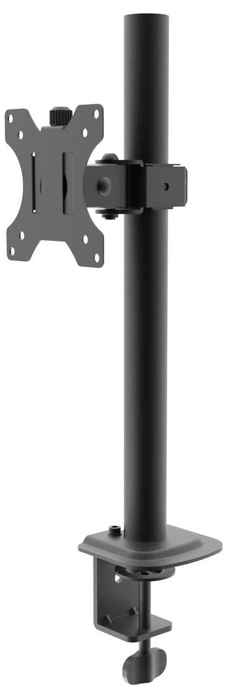 Halterung für Monitorarme, bestehend aus einer senkrechten Stange mit einem verstellbaren VESA-Halter und Tischklemme unten.
