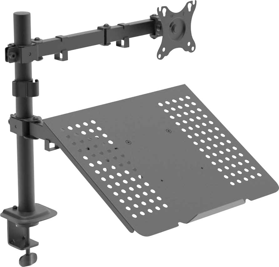 Monitorhalterung mit verstellbarer Laptopablage und Schraubzwinge zur Befestigung an Schreibtischen. Eignet sich für flexible Arbeitsplatzgestaltung.