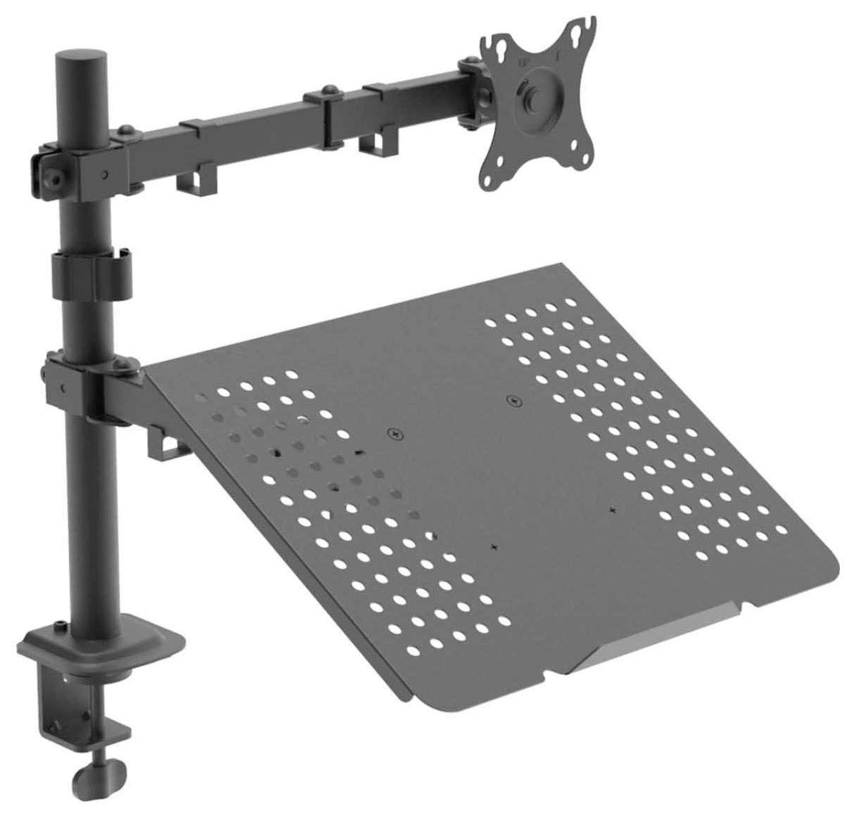 Bild eines verstellbaren Monitorarms mit perforierter Laptop-Halterung zur Tischmontage. Geeignet zum flexiblen Anpassen von Geräten.