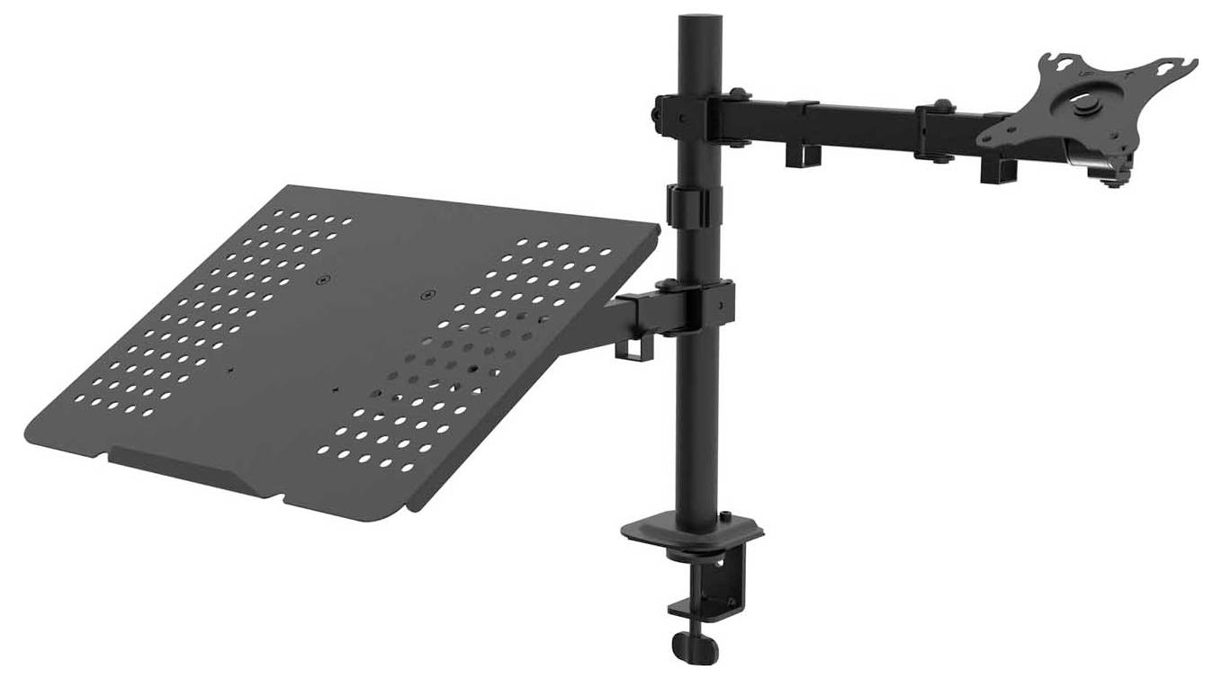 Ein schwarzer Monitorständer mit einem Gelenkarm für Monitor und Laptophalterung, zur Befestigung an einem Tisch, mit höhenverstellbarem Design.