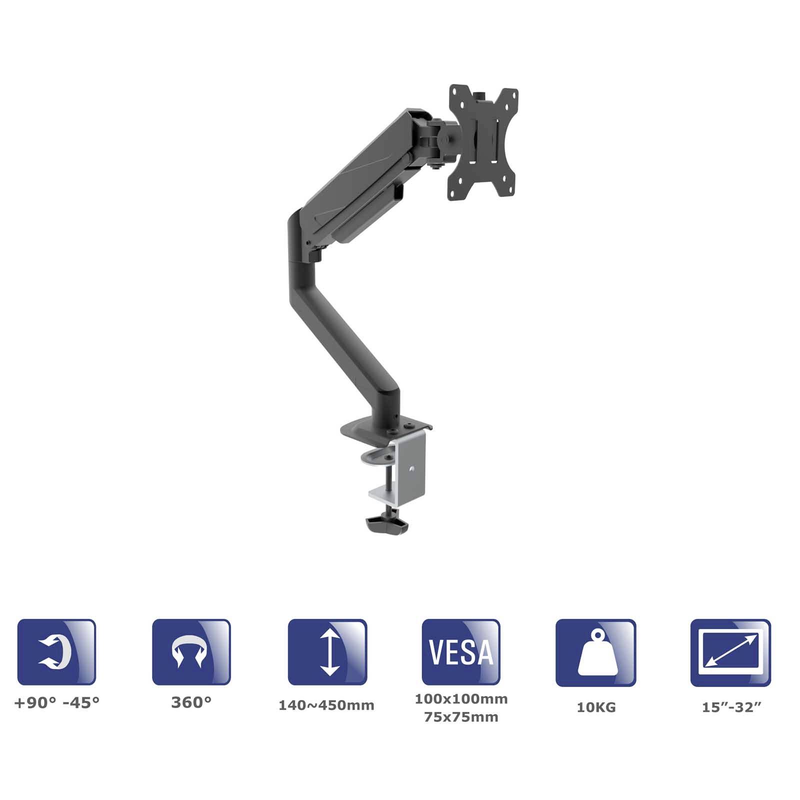 'Einstellbarer Monitorarm mit Tischklemme, 360° drehbar, geeignet für Monitore 15"-32", max. 10 kg, VESA-kompatibel (100x100mm, 75x75mm).'
