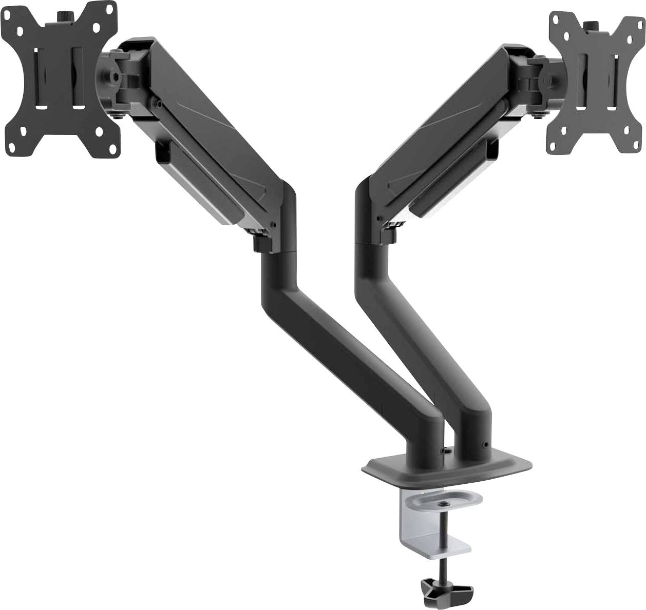 Zweiarmiger Monitorhalter aus schwarzem Metall zur Tischmontage, ermöglicht flexible Anpassung von zwei Monitoren.
