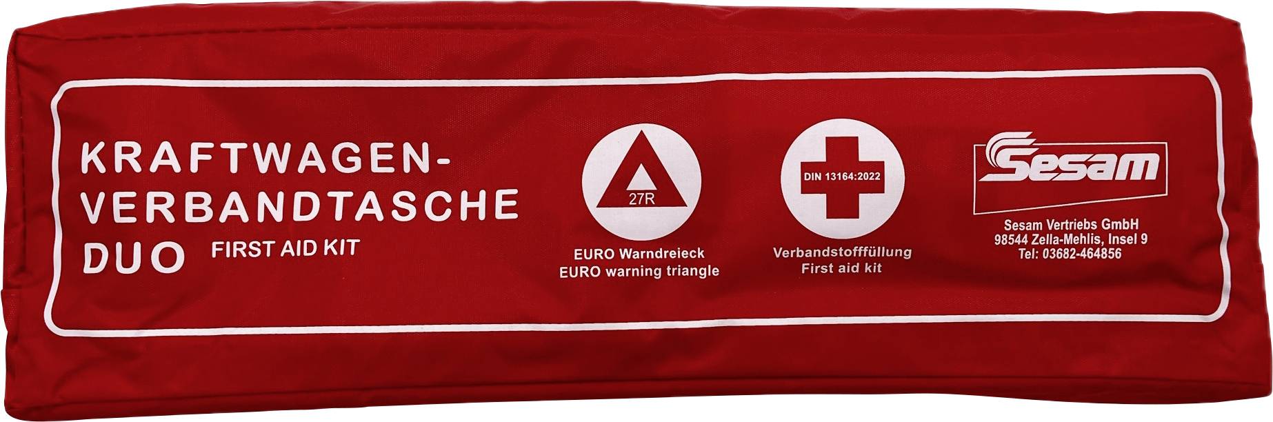Rote Erste-Hilfe-Tasche für Kraftwagen mit Aufschrift 'Kraftwagen-Verbandtasche DUO First Aid Kit' und verschiedenen Symbolen.