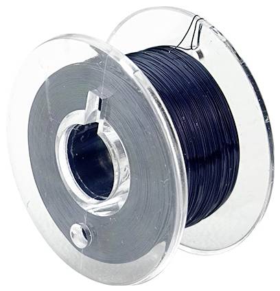 Eine Spule mit schwarzem Nylon-Angelschnur, auf einer klaren, runden Plastikspule aufgewickelt.