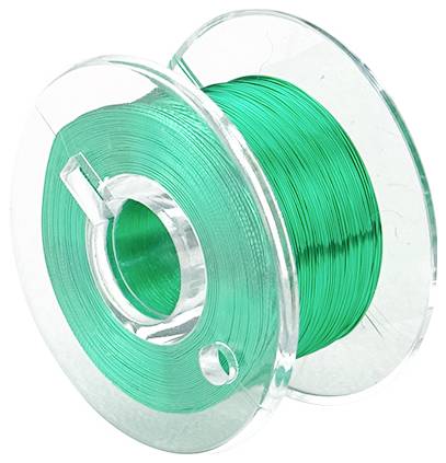 Eine transparente Spule mit grünem Faden aufgewickelt. Die Spule ist komplett sichtbar, der Faden ist dicht gewickelt.