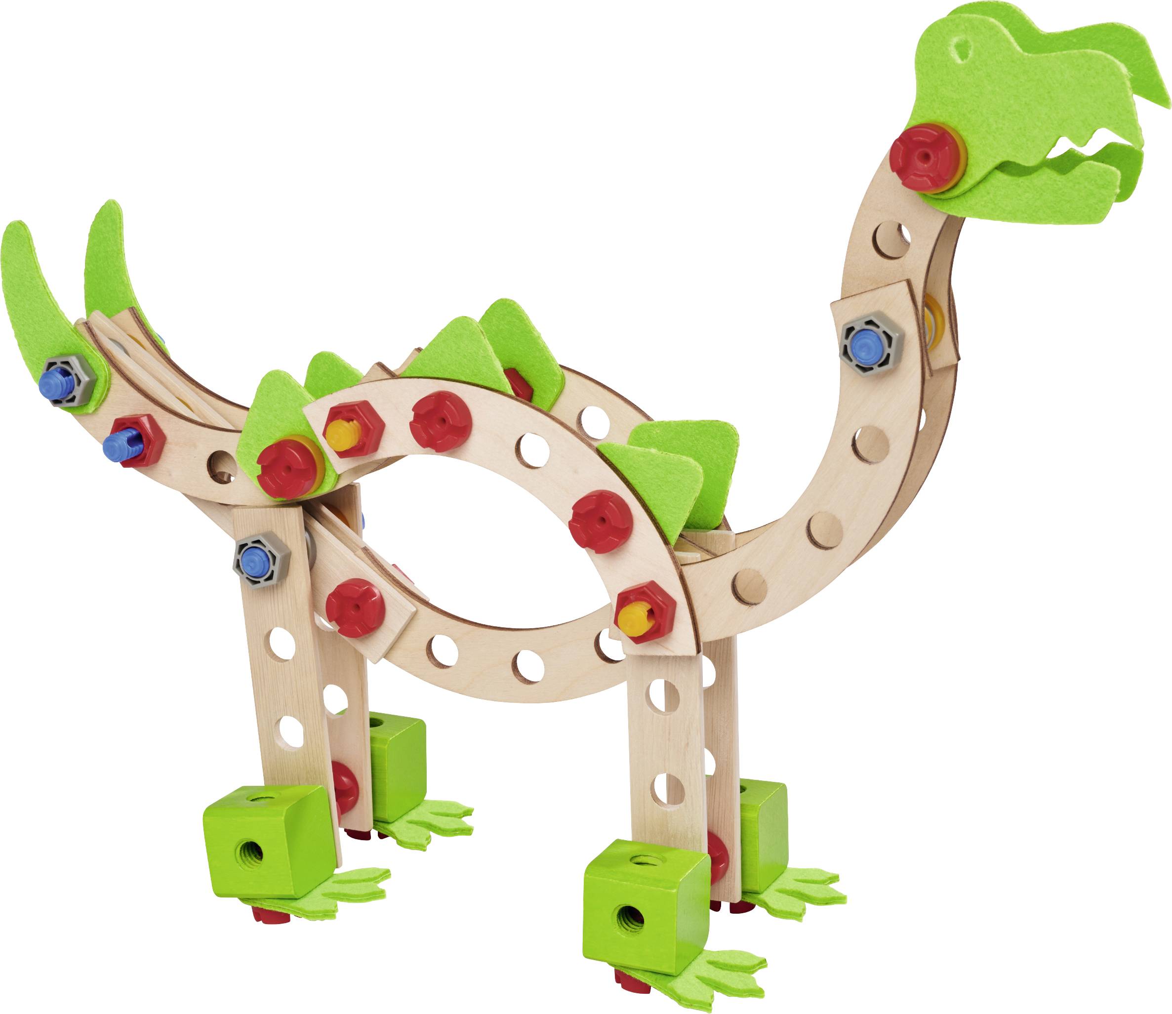 Holzbausatz in Form eines Dinosauriers mit grünen Filzteilen und bunten Schrauben.
