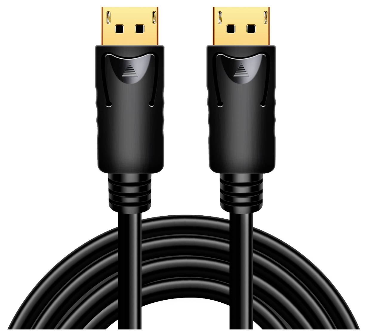Schwarzes DisplayPort-Kabel mit zwei goldenen Steckern. Ideal für hochauflösende Video- und Audioübertragung zwischen Geräten.