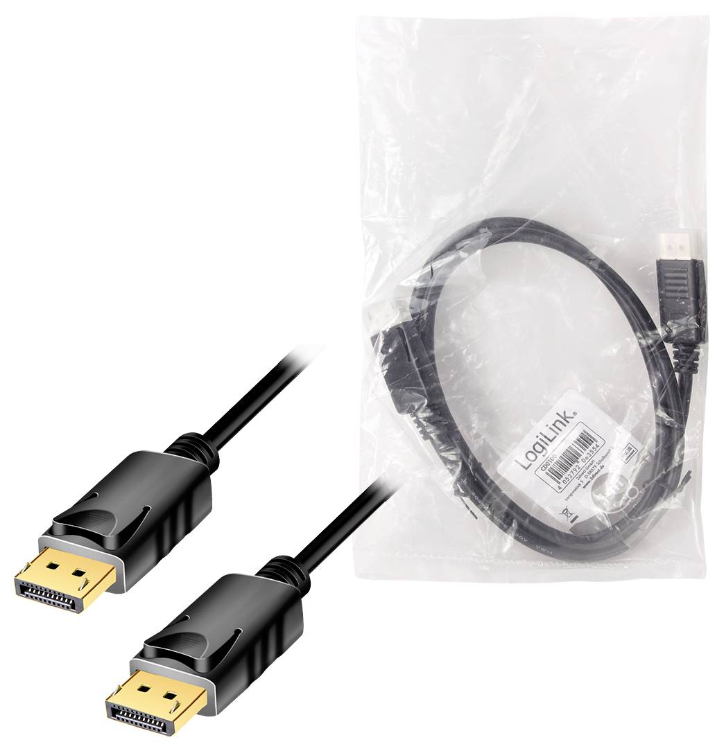 Schwarzes DisplayPort-Kabel mit goldenen Anschlüssen, verpackt in einer transparenten Kunststofftüte mit LogiLink-Etikett.
