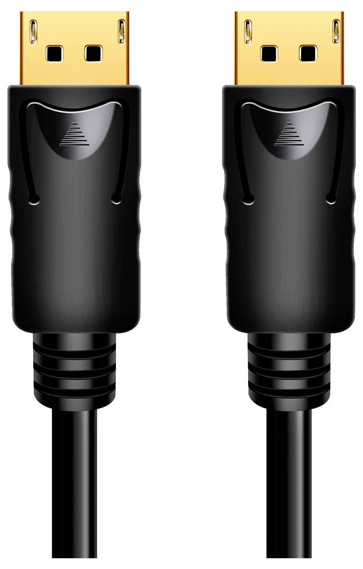 Zwei DisplayPort-Kabel mit schwarzen Steckern und goldenen Anschlüssen. Sie sind identisch und nebeneinander angeordnet.