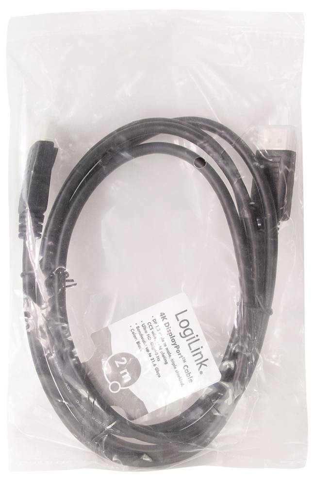 Ein schwarzes HDMI-Kabel in transparenter Verpackung. Auf dem Etikett steht: 'LogiLink 4K DisplayPort Kabel, 2m'.