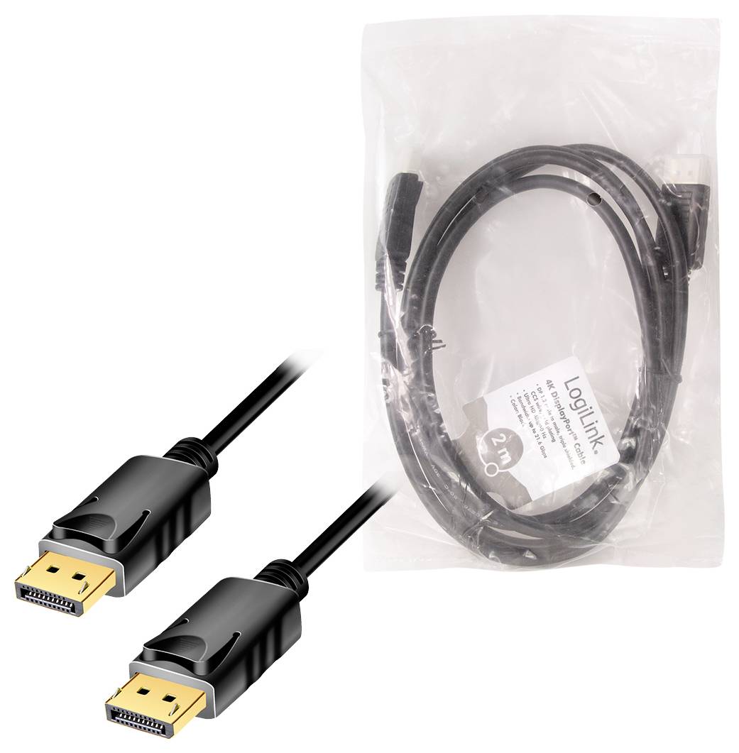 Ein DisplayPort-Kabel von LogiLink in einer Plastikverpackung mit goldfarbenen Anschlüssen. Länge: 2 Meter. Ideal für Videoübertragung.