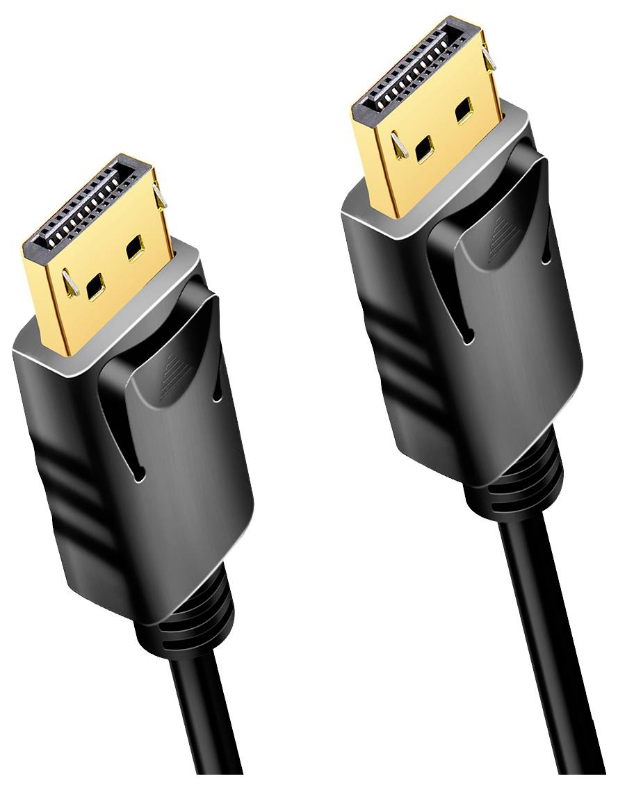Zwei DisplayPort-Kabel mit goldenen Steckern und schwarzen Ummantelungen, nebeneinander liegend, jeweils mit klar sichtbaren Kontaktflächen.