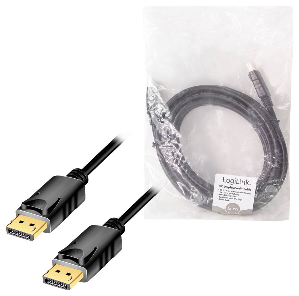Ein schwarzes 5-Meter-DisplayPort-Kabel von LogiLink mit goldenen Steckern, verpackt in einem durchsichtigen Plastikbeutel.