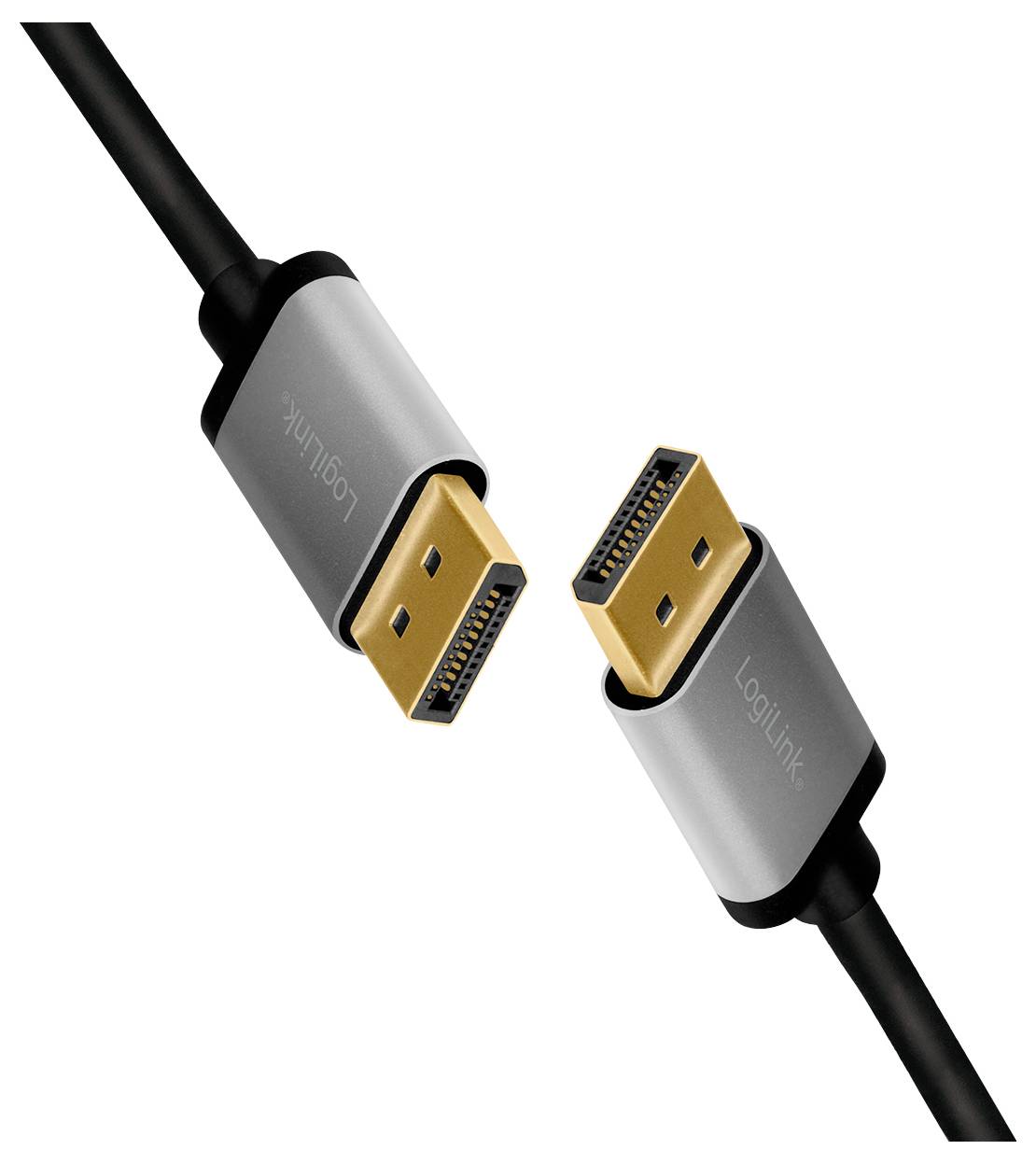DisplayPort-Kabel mit schwarzen Anschlüssen und silbernen Beschichtungen. Goldene Stecker sind sichtbar. Markenname 'LogiLink' aufgedruckt.