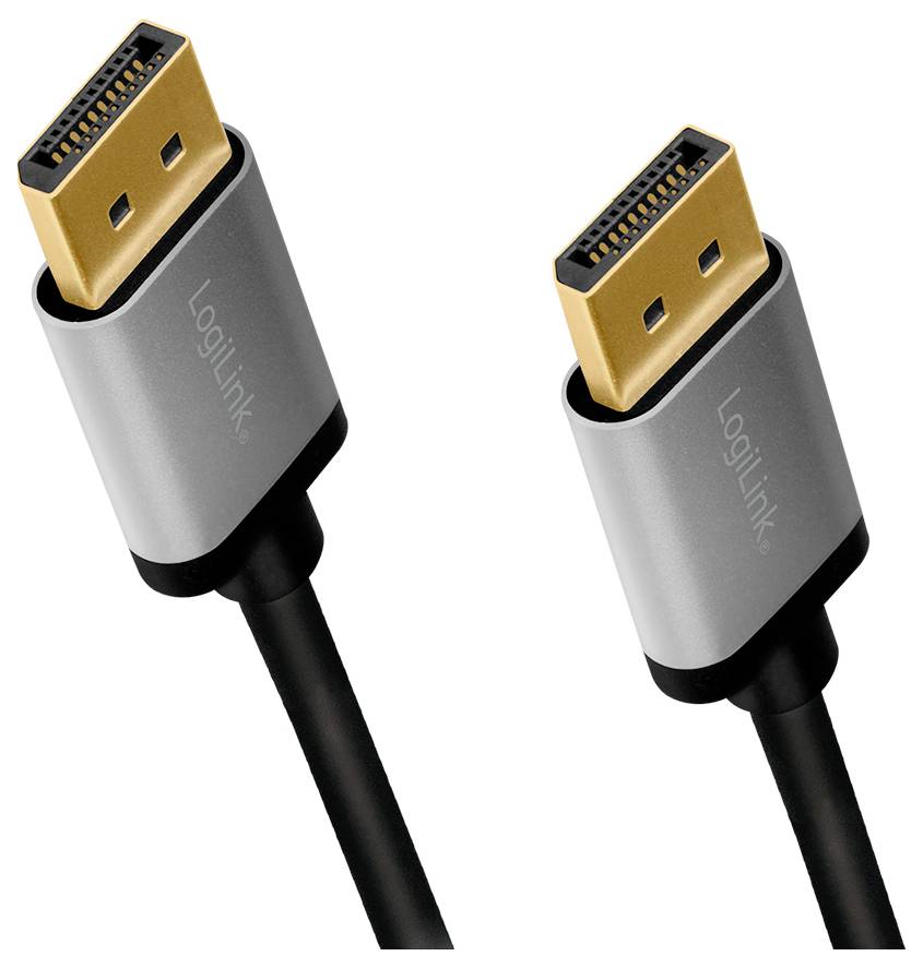 Zwei DisplayPort-Kabel mit goldenem Steckerkopf und grauem Gehäuse, geeignet für Video- und Audioübertragung.