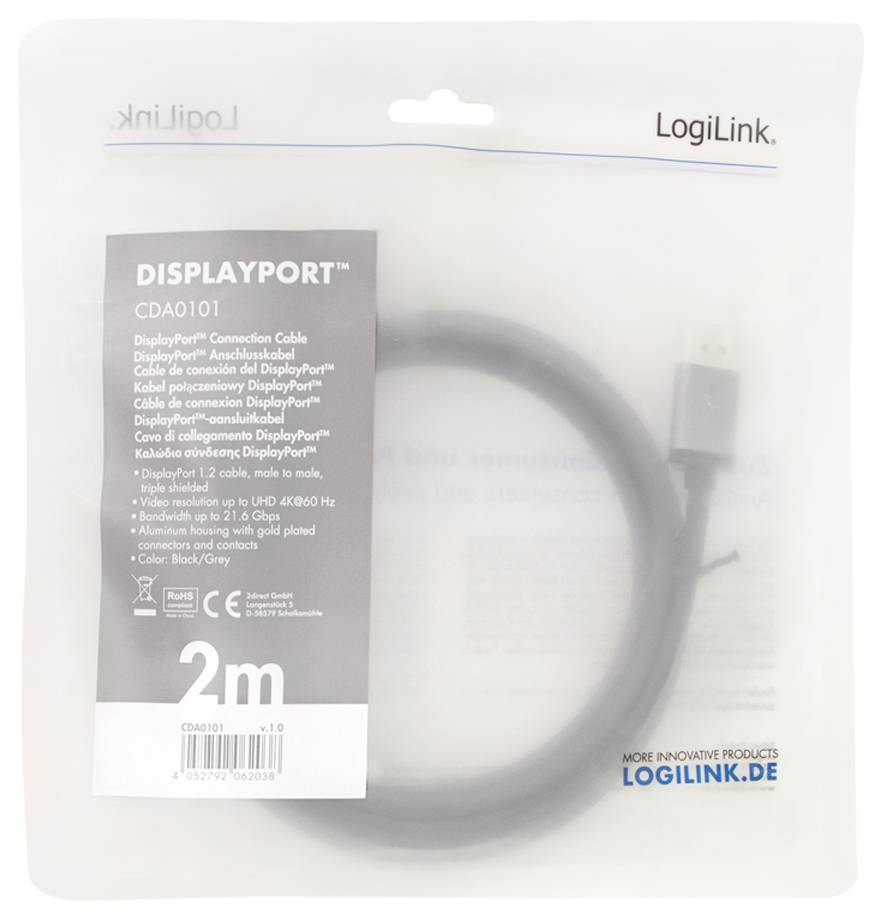 LogiLink DisplayPort-Kabel, Modell CDA0101, Länge 2m. Verbindungskabel für DisplayPort, geeignet für UHD 4K@60 Hz.