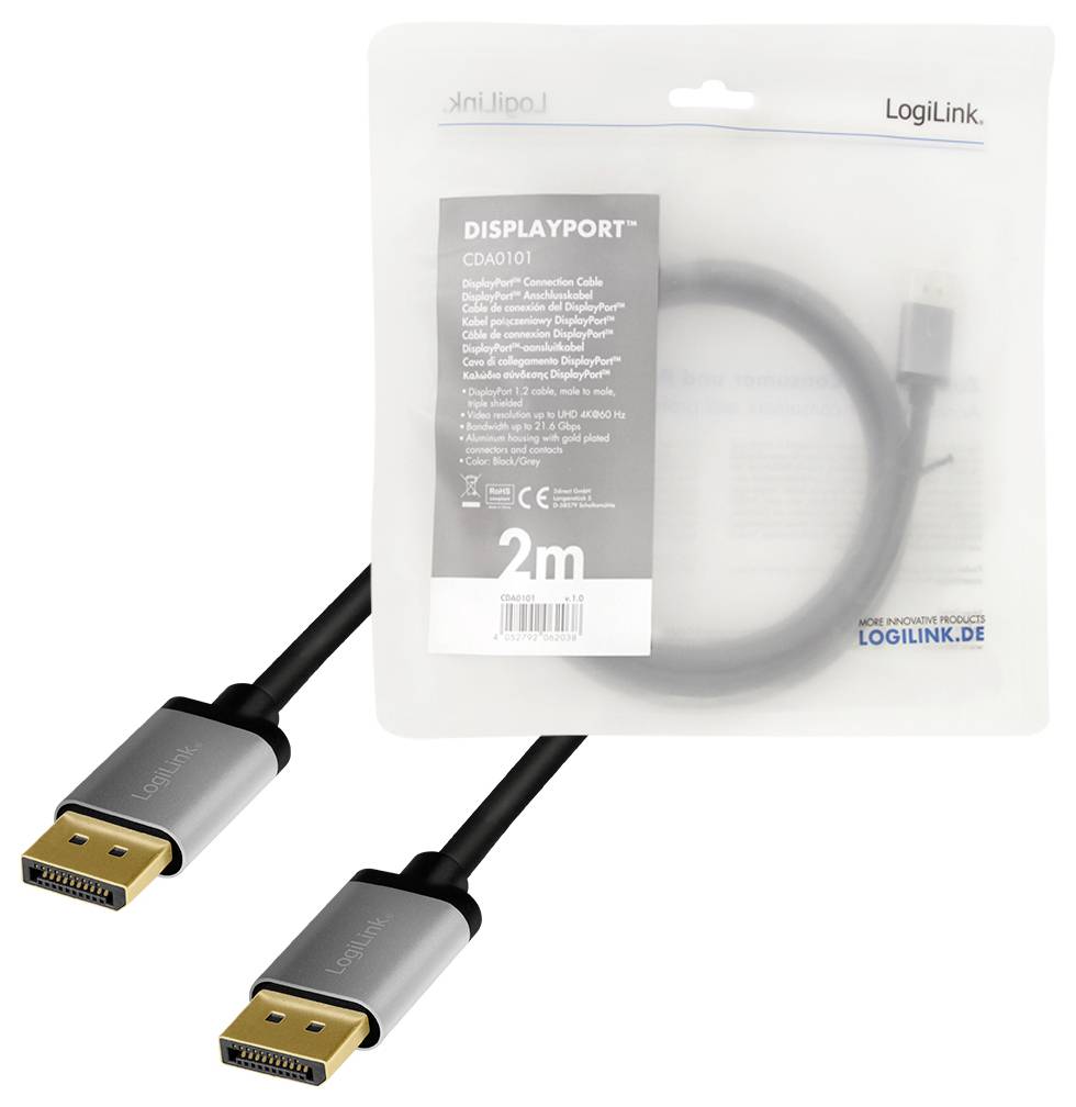 DisplayPort-Kabel von LogiLink mit 2 Metern Länge, schwarz mit silbernen Steckern, in Verpackung dargestellt.