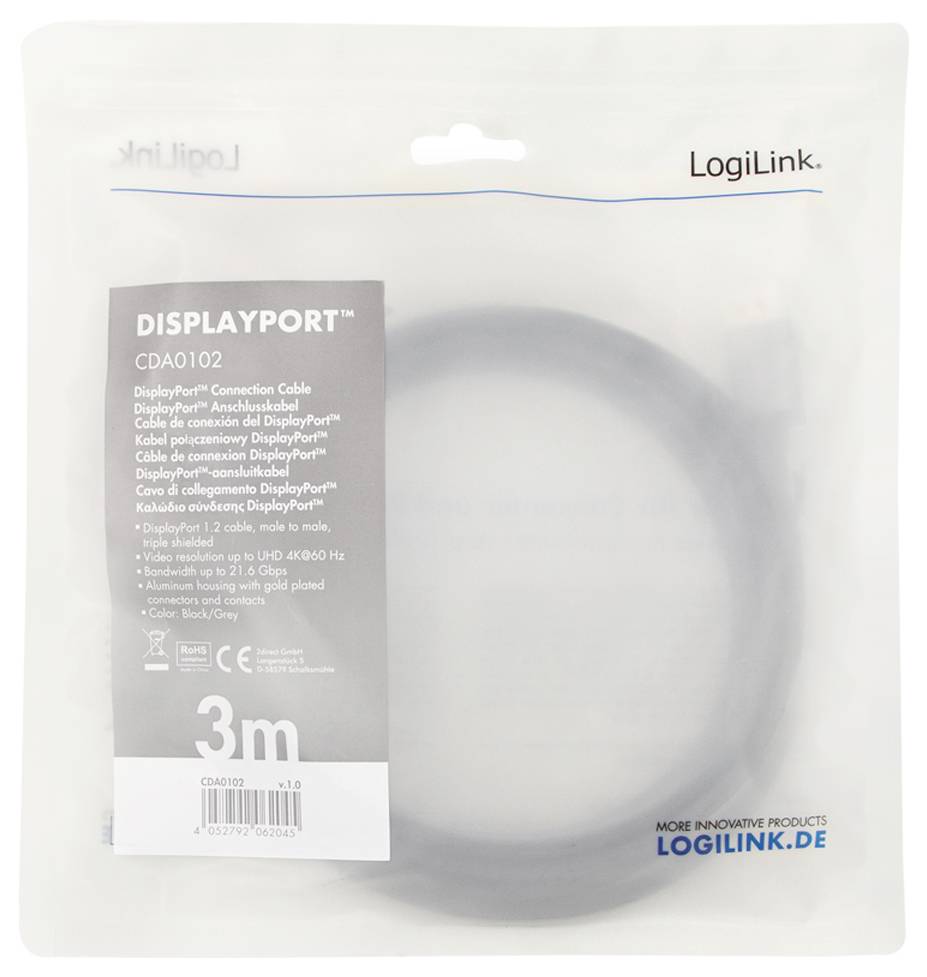 DisplayPort-Kabel, 3 Meter lang, in transparenter Verpackung. Marke: LogiLink. Text auf Verpackung: Details und Spezifikationen des Kabels.