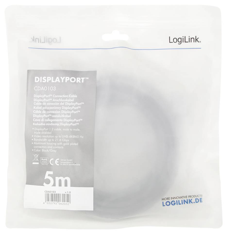 LogiLink DisplayPort Kabel, 5m, CDA0103, HD und 3D, schwarz, geeignet für Auflösungen bis 4K bei 60Hz, Plug & Play.