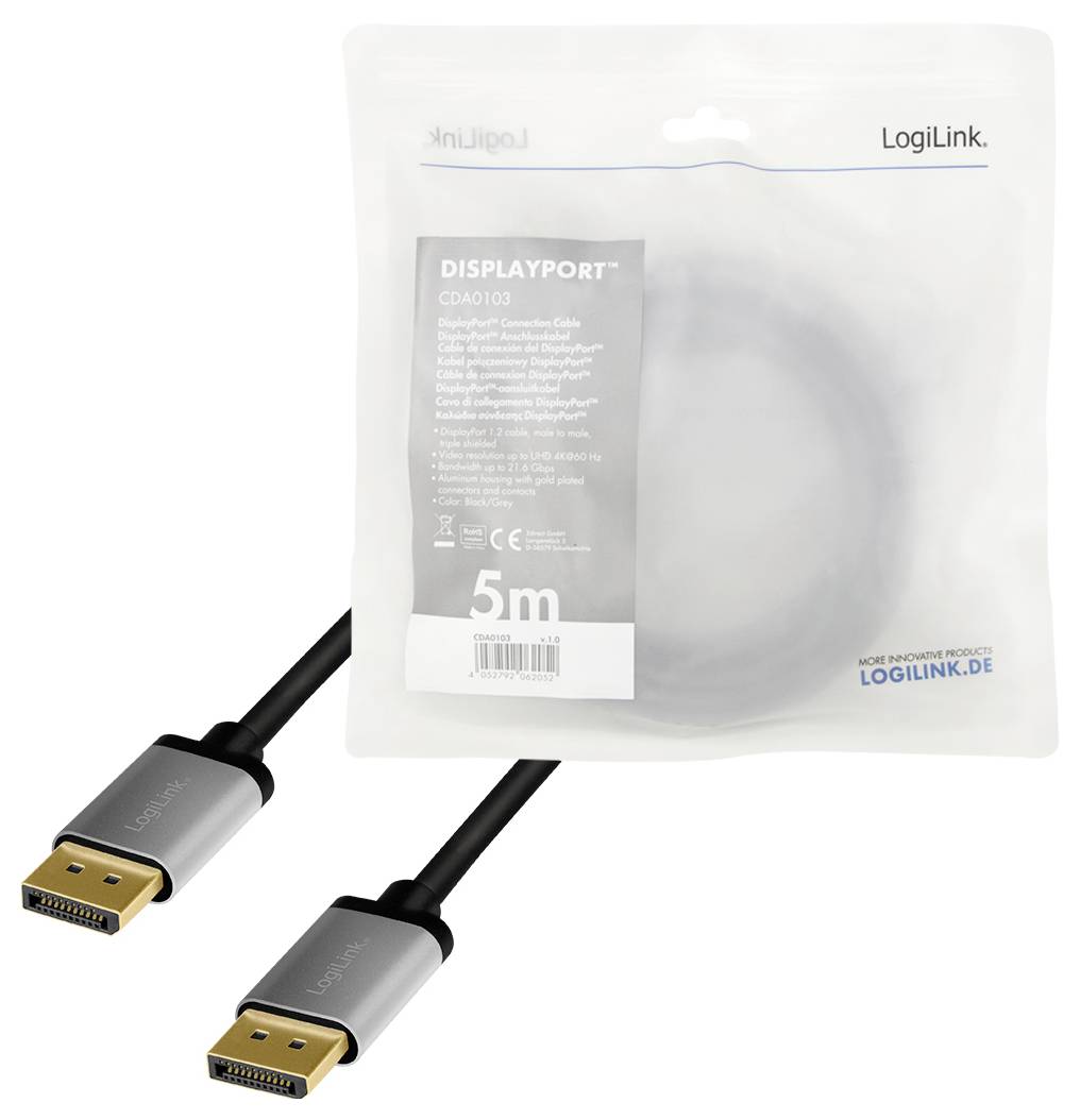 DisplayPort-Kabel in schwarzer Farbe, 5 Meter lang, in einer transparenten Verpackung mit LogiLink-Logo und Produktinformationen.