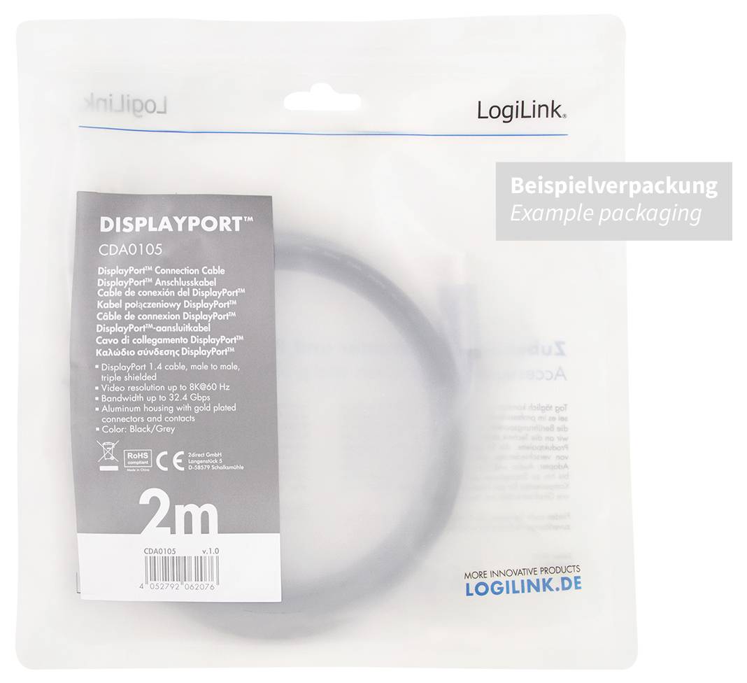 'DisplayPort'-Kabel-Verpackung von LogiLink, CDA0105, 2m lang. Transparente Verpackung mit Beispielverpackungstext.