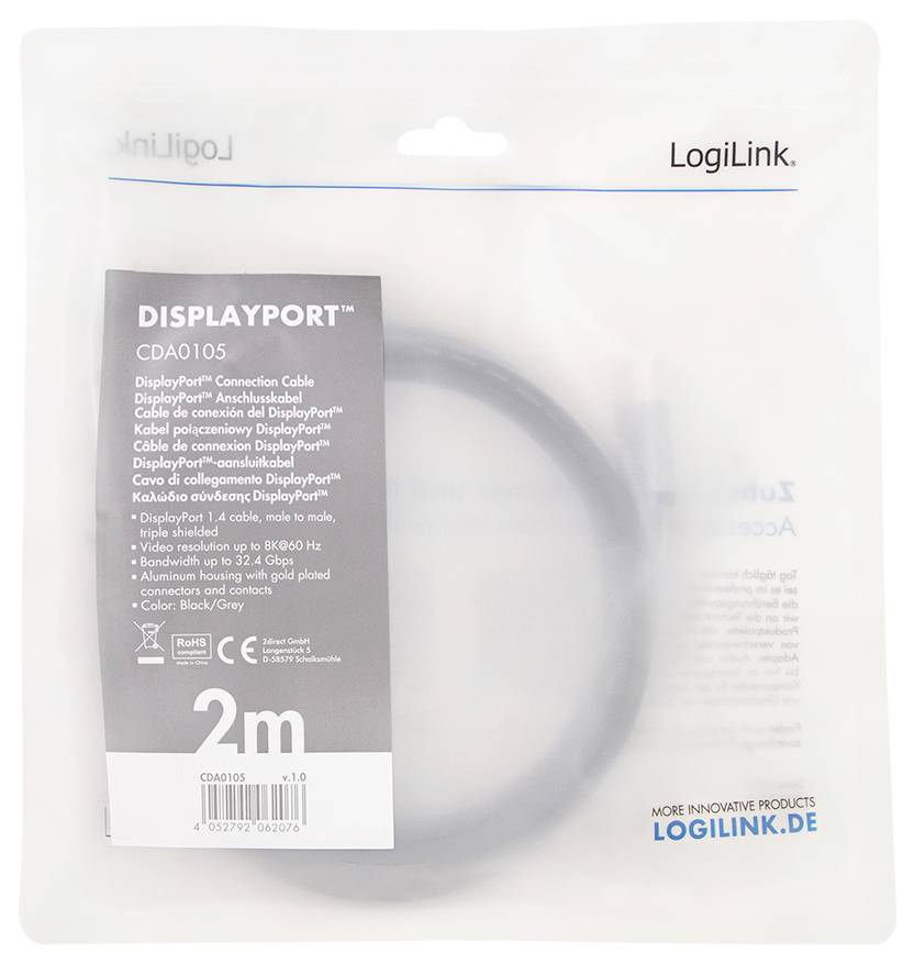 LogiLink DisplayPort AV Anschlusskabel [1x DisplayPort - 1x DisplayPort] 2m Schwarz/Grau