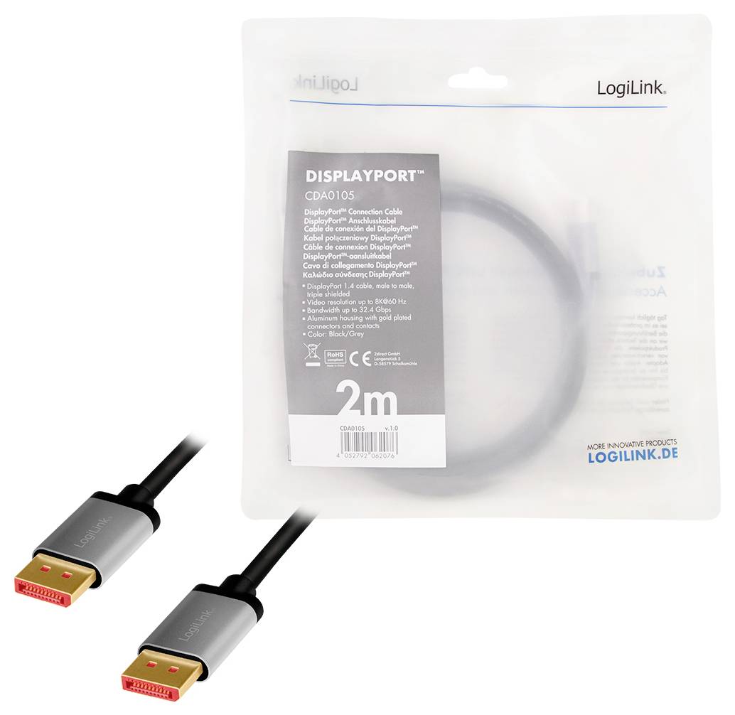 LogiLink DisplayPort AV Anschlusskabel [1x DisplayPort - 1x DisplayPort] 2m Schwarz/Grau