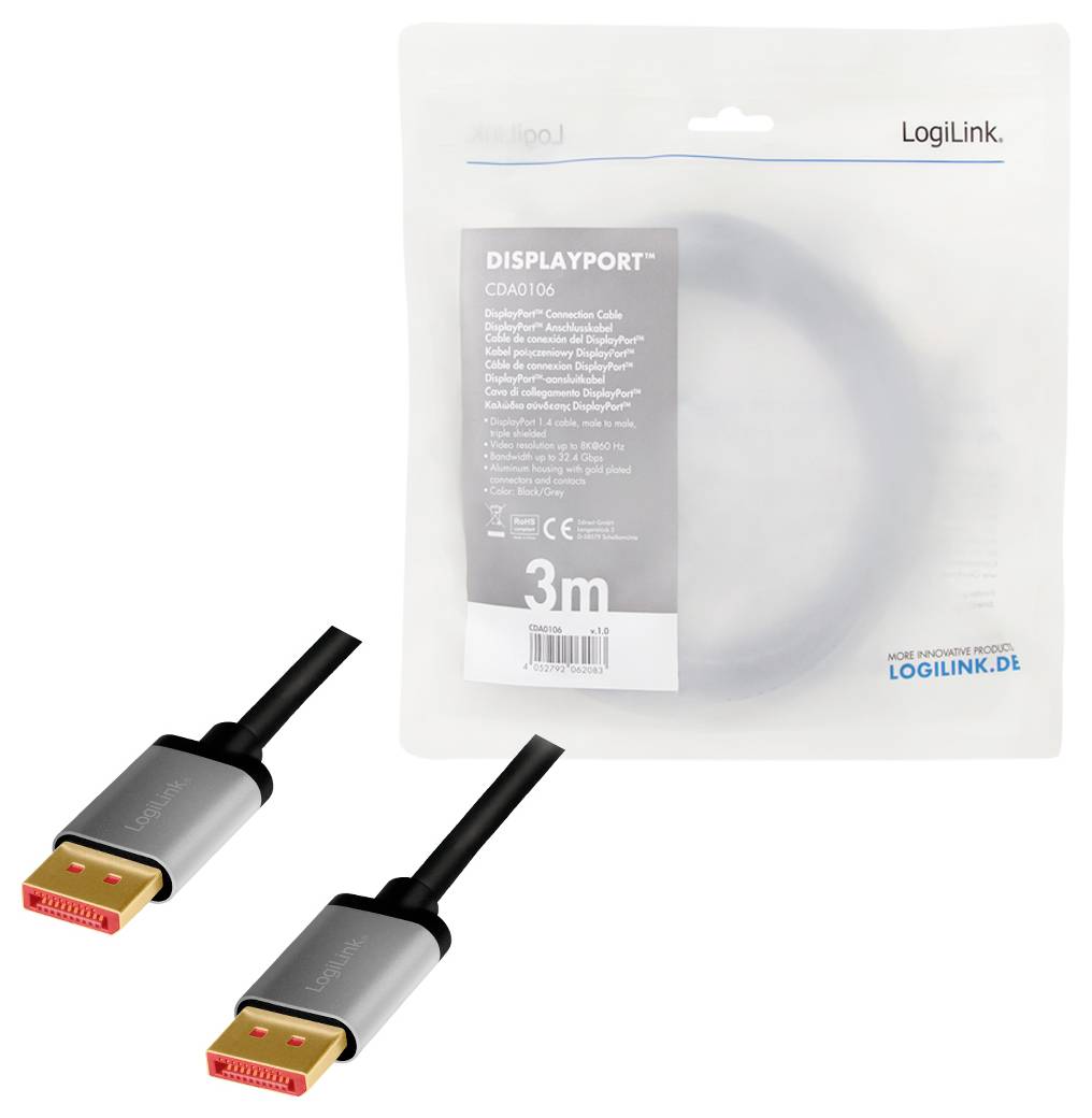 DisplayPort-Kabel, 3 Meter lang, von LogiLink. Verpackung zeigt Produktdetails und Markenlogo. Geeignet für Video- und Audioübertragung.