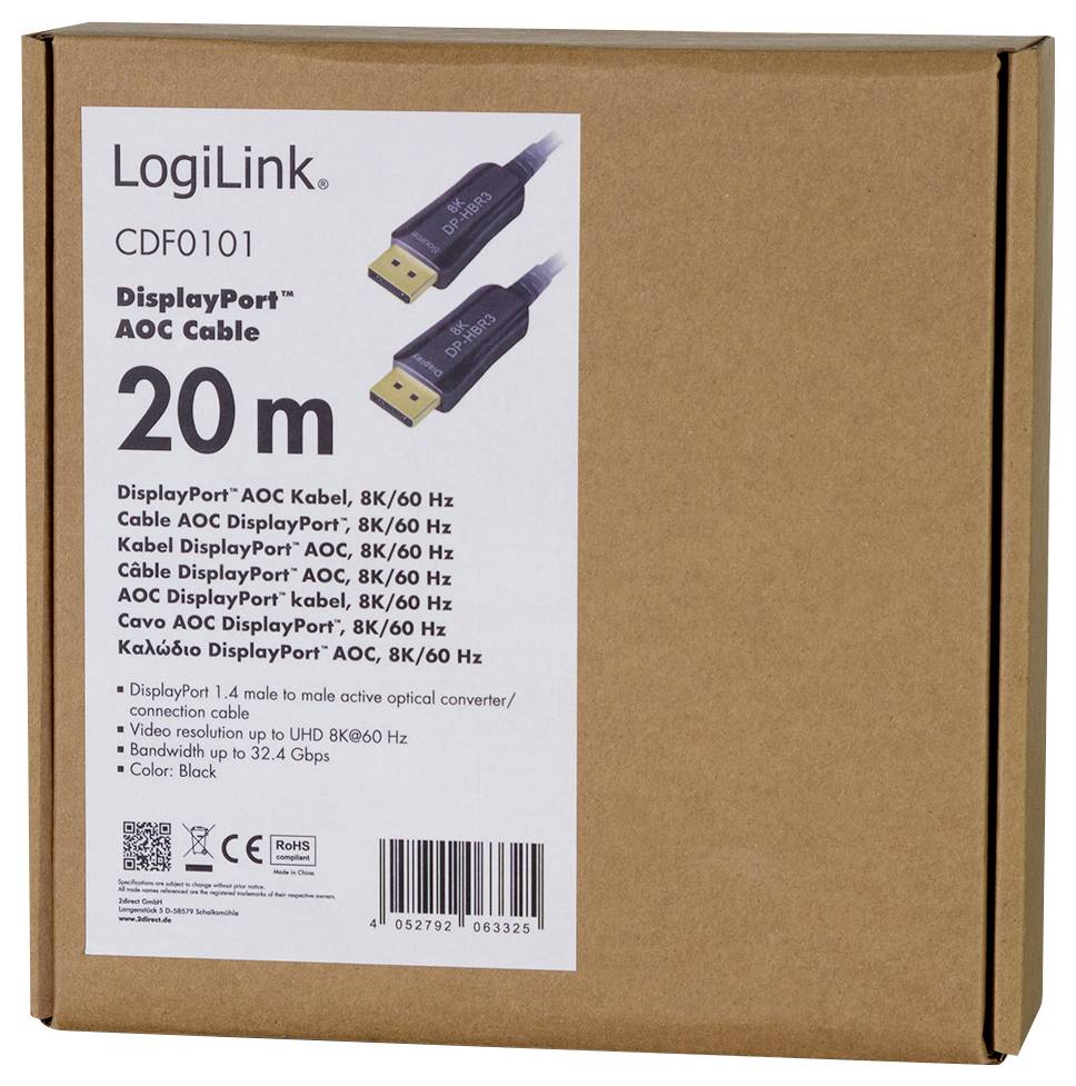 LogiLink DisplayPort AV Anschlusskabel [1x DisplayPort - 1x DisplayPort] 20 m Schwarz