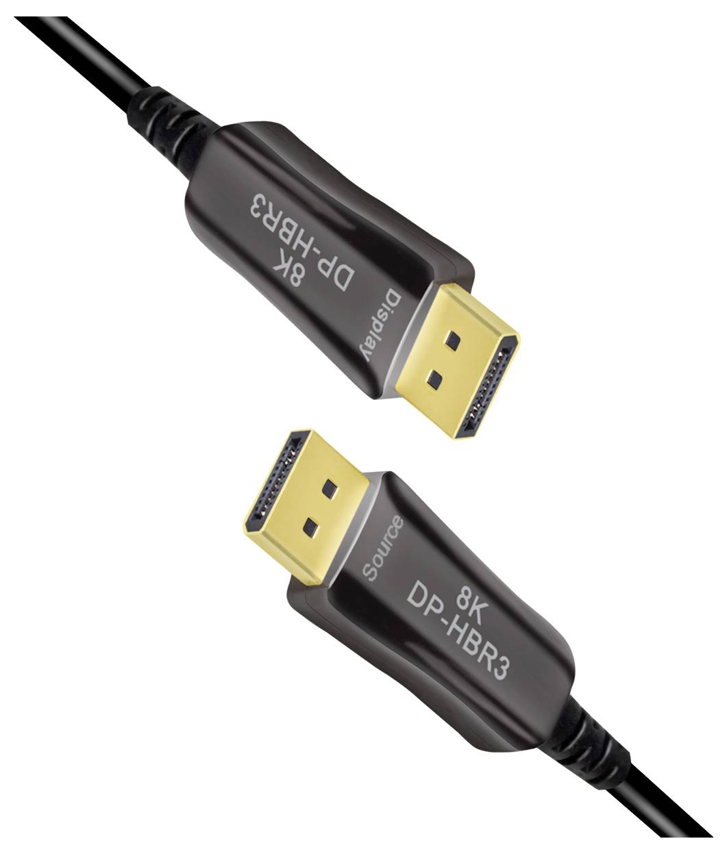 Zwei DisplayPort-Kabel mit der Aufschrift '8K DP-HBR3' und 'Source', geeignet für hochauflösende Videoübertragungen.